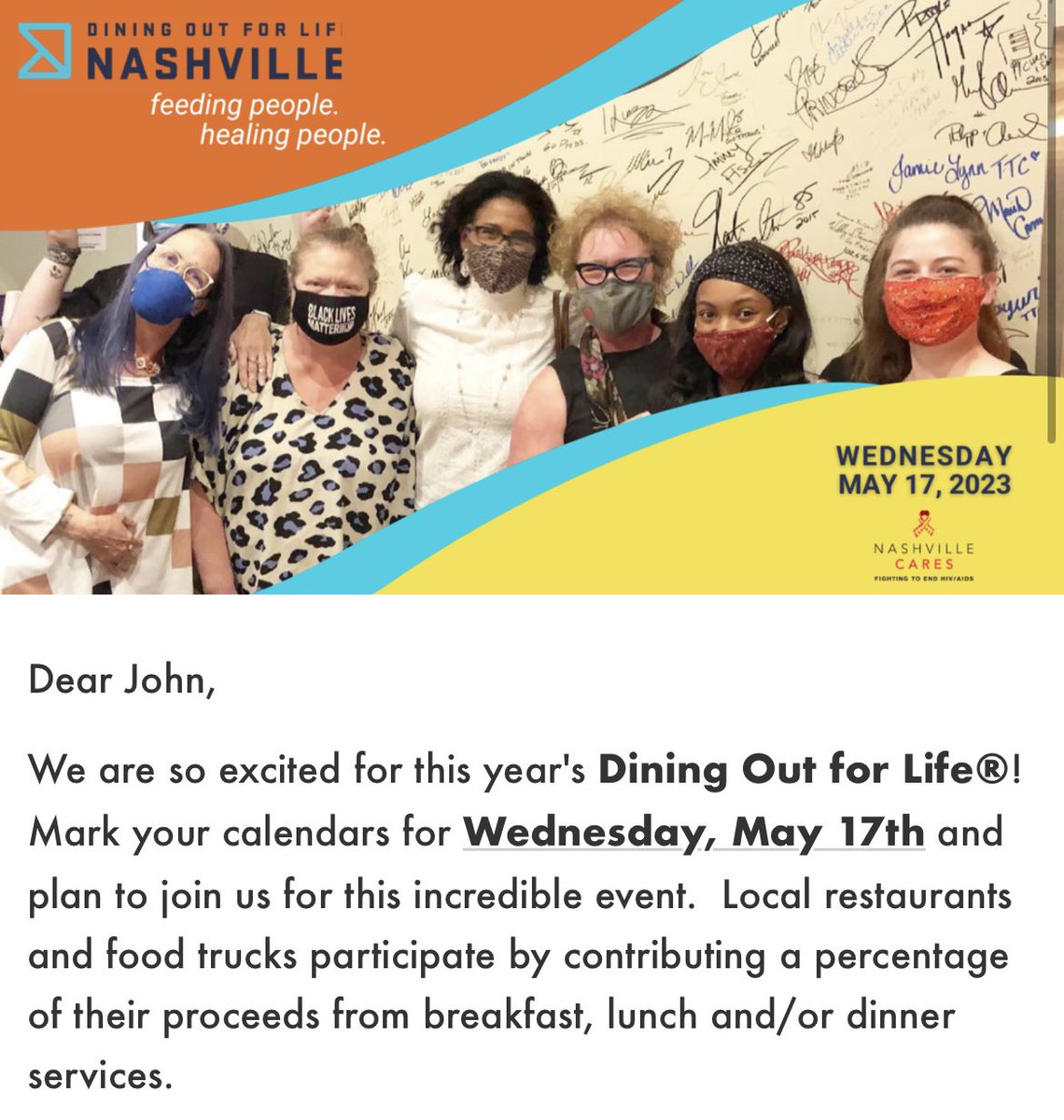 Because <a href="/GovBillLee/">Gov. Bill Lee</a> and his <a href="/TNDeptofHealth/">TN Dept. of Health</a> callously decided to reject MILLIONS in #HIV prevention/treatment funding from <a href="/CDCgov/">CDC</a>, supporting <a href="/nashvillecares/">Nashville CARES</a> by Dining Out for Life is more important than ever before. Save the date to join me on May 17th, #Nashville. #TeamJRC