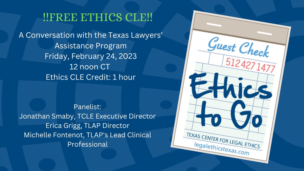 We still have spots open for today's free CLE webinar with @TLAPHelps!  Register now texasbar.zoom.us/webinar/regist… #legalethics #attorneys #ethicsCLE #attorneywellness #TXattorneys