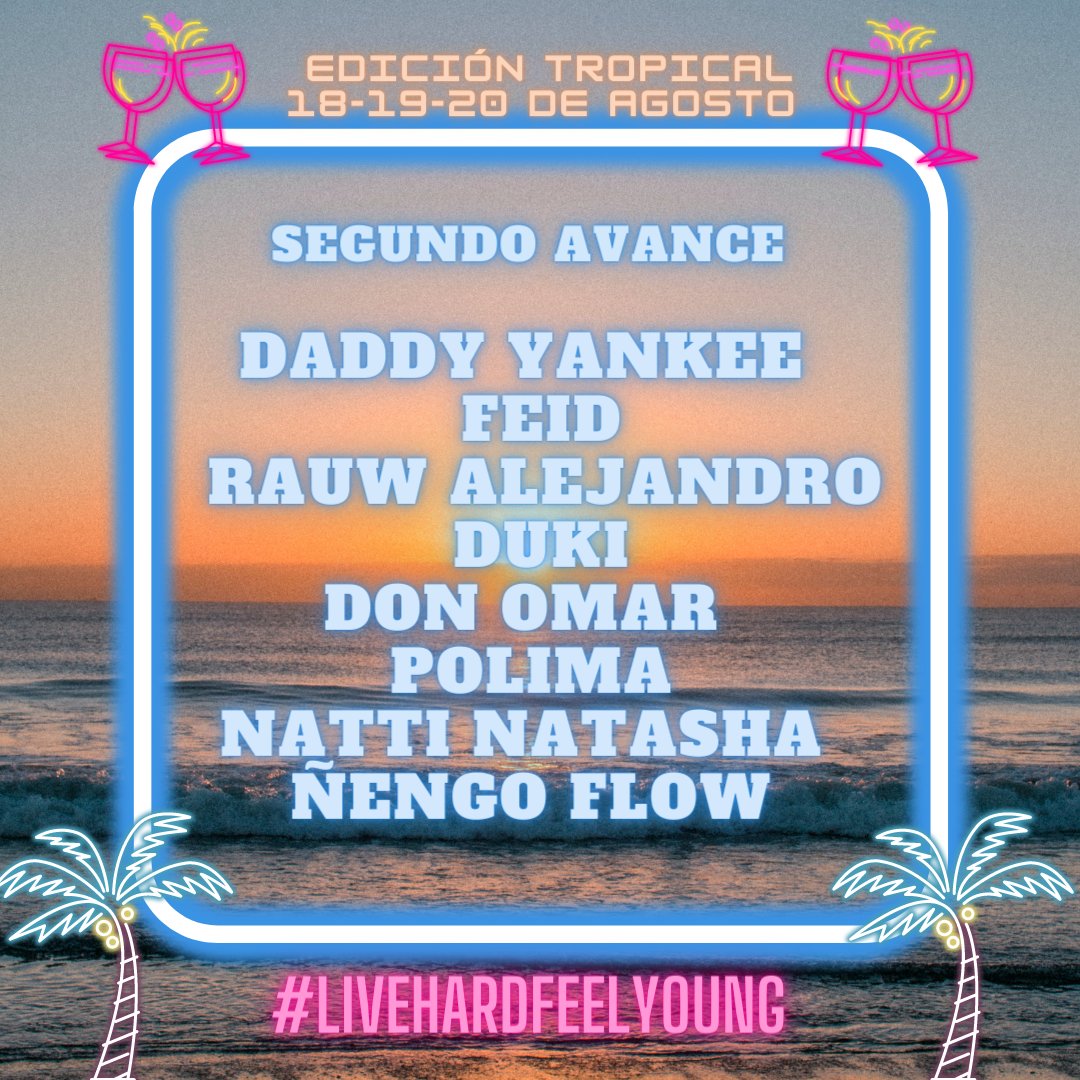 HardandYoungesp's tweet photo. SEGUNDA TANDA DE ARTISTAS CONFIRMADOS DE NUESTRO EVENTO TROPICAL☀️🌴
MUY ATENTOS A LO QUE SE VIENE HOY🔥🔥🔥
#duki #daddyyankee #rauwalejandro #digitalUMkt
#livehardfeelyoung https://t.co/BBqaGfd58c