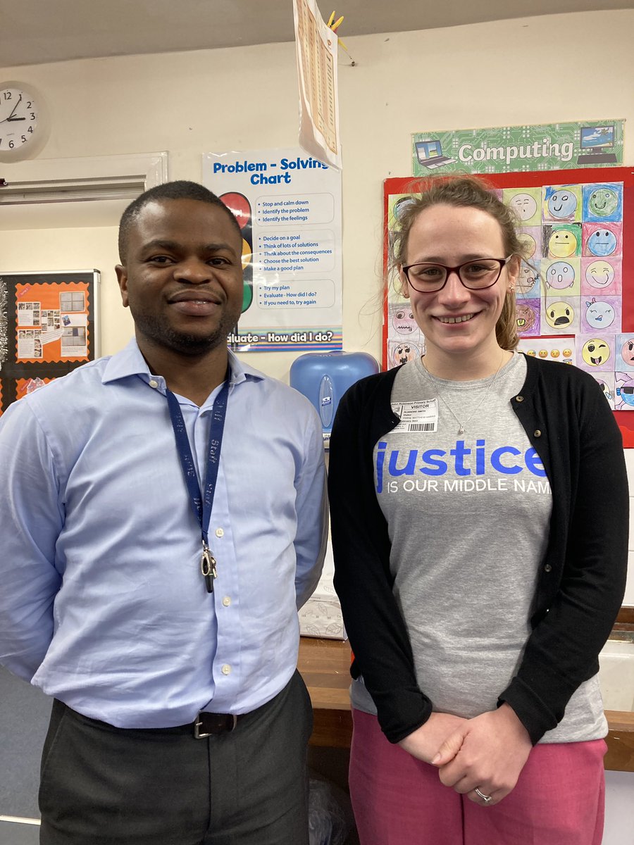 When <a href="/alianoree/">Alianore Smith</a> from <a href="/IJMUK/">International Justice Mission (IJM UK)</a> met Mr Elegbede from <a href="/BJRSchool/">Bishop John Robinson</a>…! We shared our Justice song, celebrated our achievements this week and then did a tour of our Freedom Week learning about modern day slavery. #UntilAllAreFree