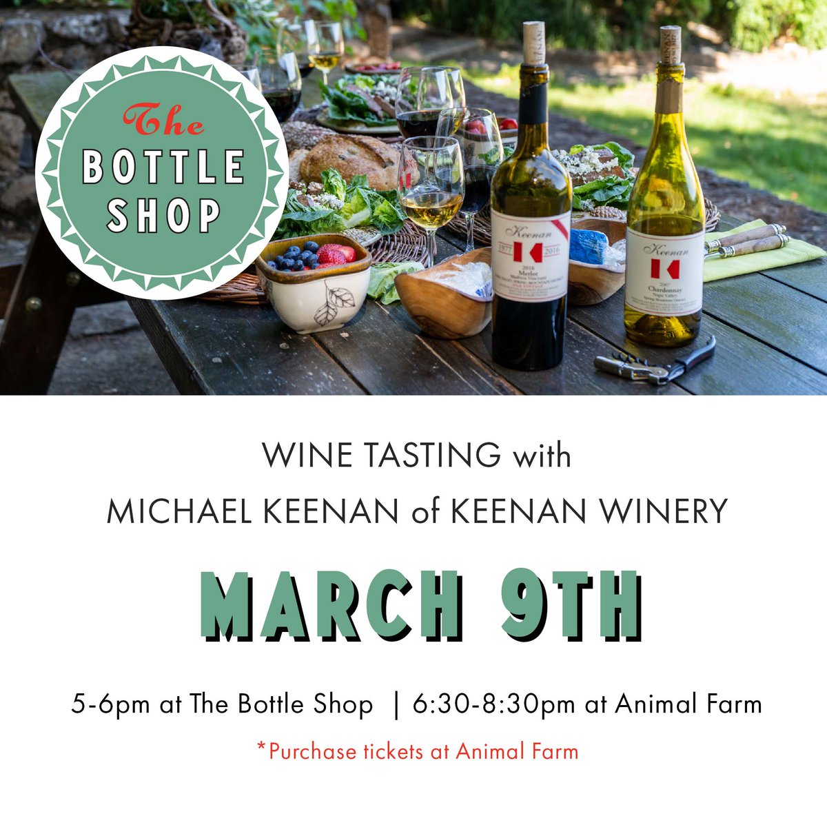 Please join us at the store on March 9th to sample some @KeenanWinery wines with Michael Keenan. If you can't make it to the store, come try the wines at The Animal Farm that night with appetizers. ***The Animal Farm portion is a ticketed event. Tickets can be purchased with them