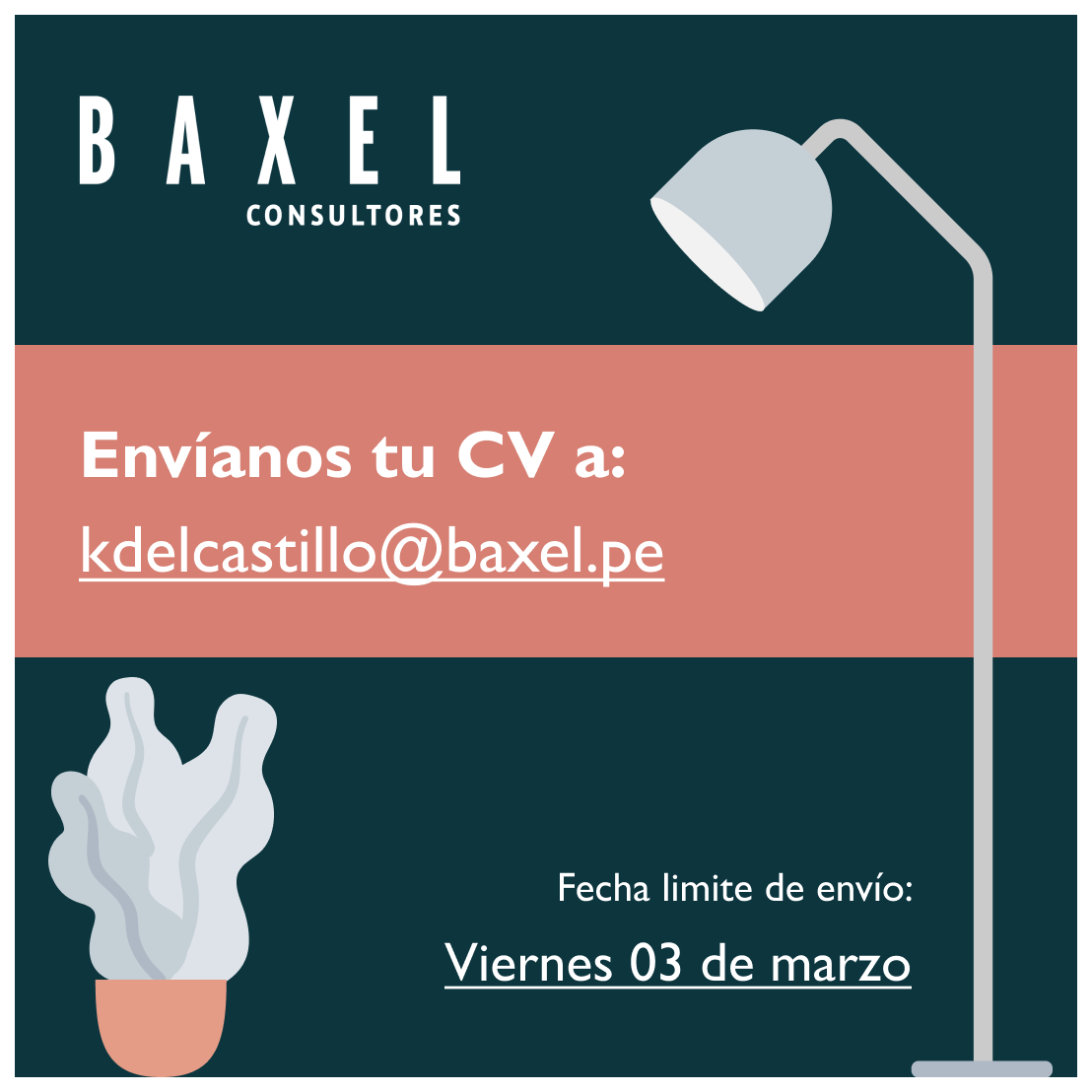 BaxelPeru's tweet photo. #ProcesodeSelección #NuevaConvocatoria Nuestra área de innovación legal abre una nueva posición para un diseñador de servicios. Revisa el perfil y postula hasta el viernes 3 de marzo enviando tu CV al correo kdecastillo@baxel.pe 

#Baxel #TeEstamosBuscando #DiseñoDeServicios https://t.co/fZpvUR2BNT