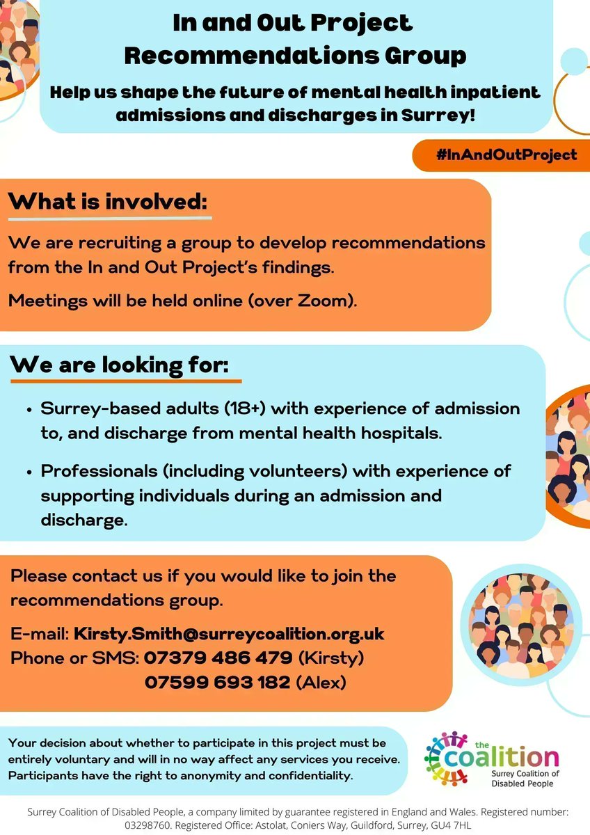 IMHNSurrey's tweet photo. #InAndOutProject Recommendations Group
Help us shape the future of mental health inpatient admissions and discharges in Surrey!
If you would like to join please: E-mail: Kirsty.Smith@surreycoalition.org.uk or Phone/SMS: 07379 486 479 or 07599 693 182
#Surrey #MentalHealth https://t.co/iV8ls09YTk