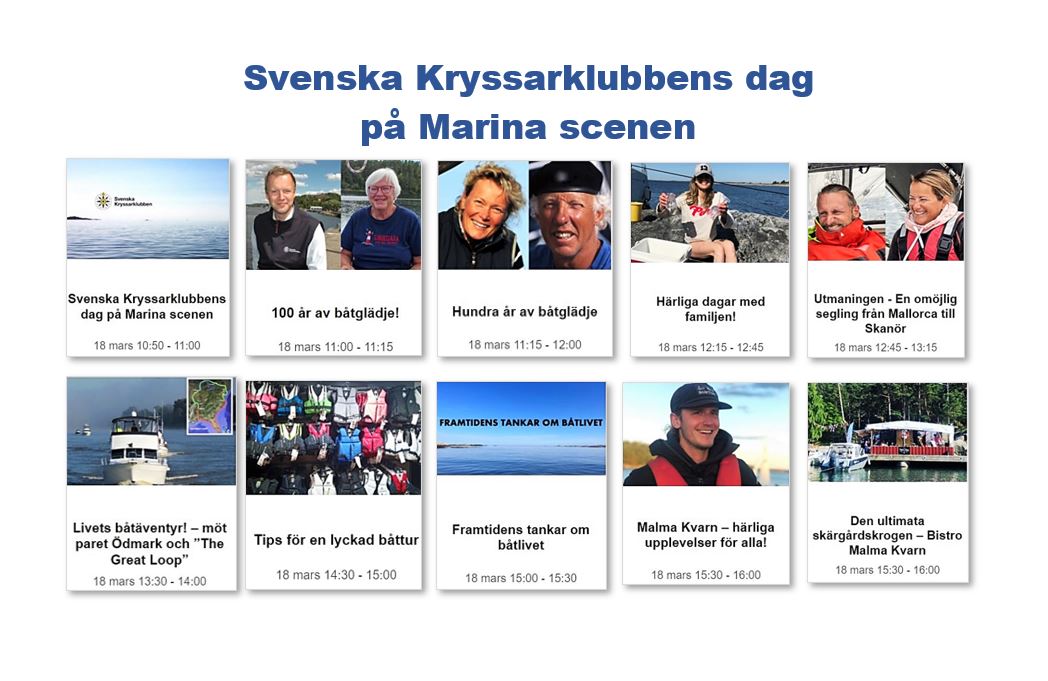 Visste du att: <a href="/Kryssarklubben/">Sve.Kryssarklubben</a> är med på båtmässan Allt för Sjön. Den pågår 9-16/3 och 16-19/3. 18 mars är det Kryssarklubbens dag på Marina scenen, ett härligt program med fokus på vårt 100-årsjubileum! Då kommer alla medlemmar in gratis.  Läs mer:  sxk.se/artiklar/kryss…