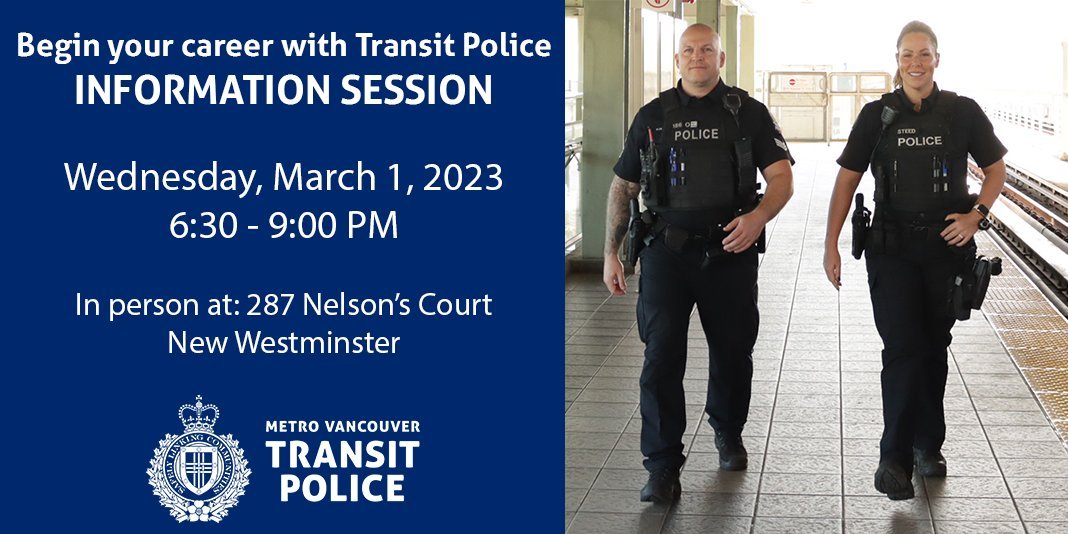 TransitPoliceBC's tweet photo. There's still time to register! Our next Information Session takes place on March 1 at 6:30pm. Learn more about everything that a career with Transit Police offers. Details and registration: https://t.co/6aQ3MVl1Cq @MVTP_Recruiting #JoinMVTP https://t.co/dpiQ3NzTTa