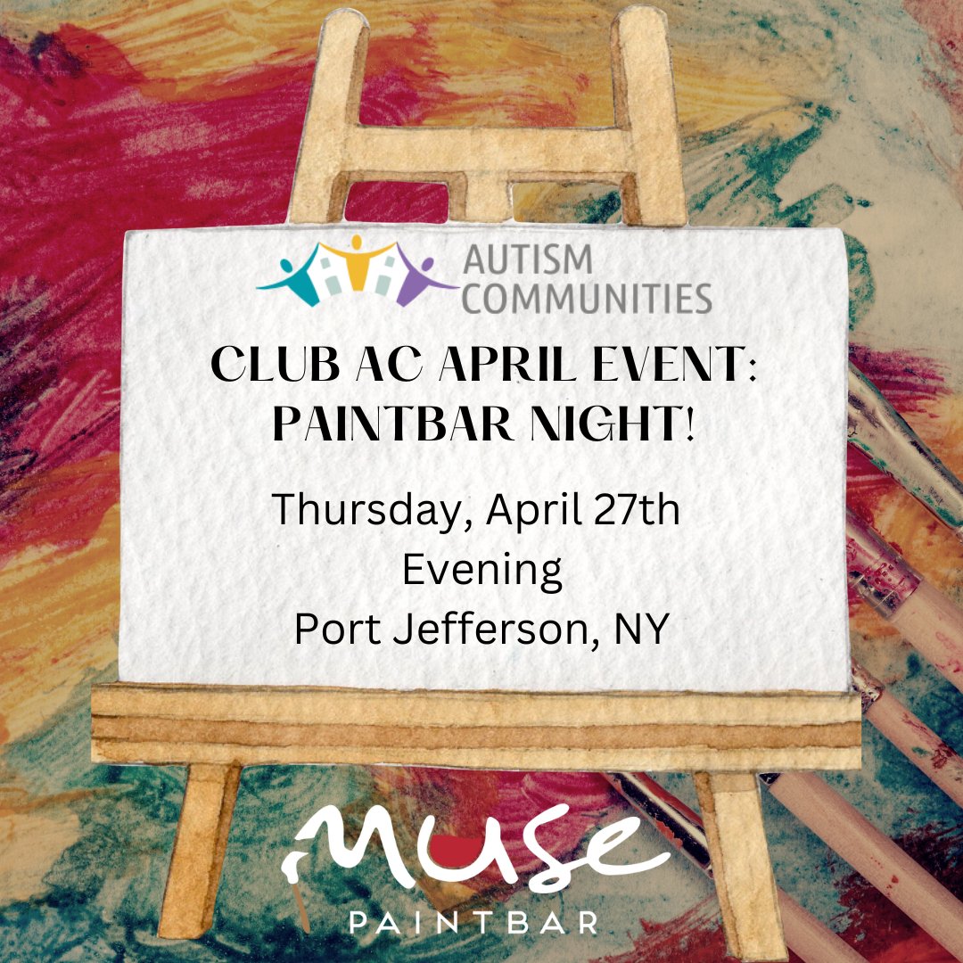 AutismComm's tweet image. Join us at Muse for an art filled evening! Instructors will walk all attendees through creating a beautiful painting, snacks and drinks will be provided. Open to all Club AC members!
Learn more about Club AC &amp;amp; Become a Member at: autismcommunities.org/club-ac/ #autismcommunities