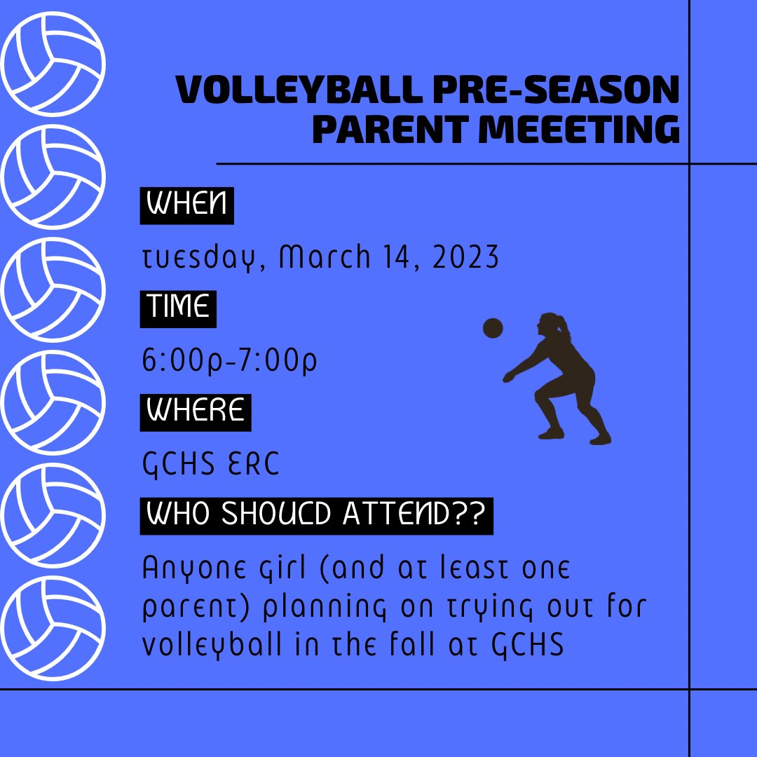 Grove City HS Volleyball ππΎ (@greyhoundsvb) on Twitter photo **Save the Date** The volleyball preseason meeting will be Tuesday 3/14 in the ERC! We will go over spring conditioning, the summer schedule, and other key dates. If you are unable to attend please contact Coach Vanderzwart at erin.vanderzwart@swcsd.us **Save the Date** The volleyball preseason meeting will be Tuesday 3/14 in the ERC! We will go over spring conditioning, the summer schedule, and other key dates. If you are unable to attend please contact Coach Vanderzwart at erin.vanderzwart@swcsd.us