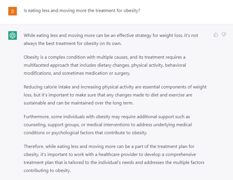 DrYusop's tweet photo. Impressive that ChatGPT AI understands more about the nuance of obesity care than most medical professionals I know 😅 https://t.co/yMeQDkU2cz