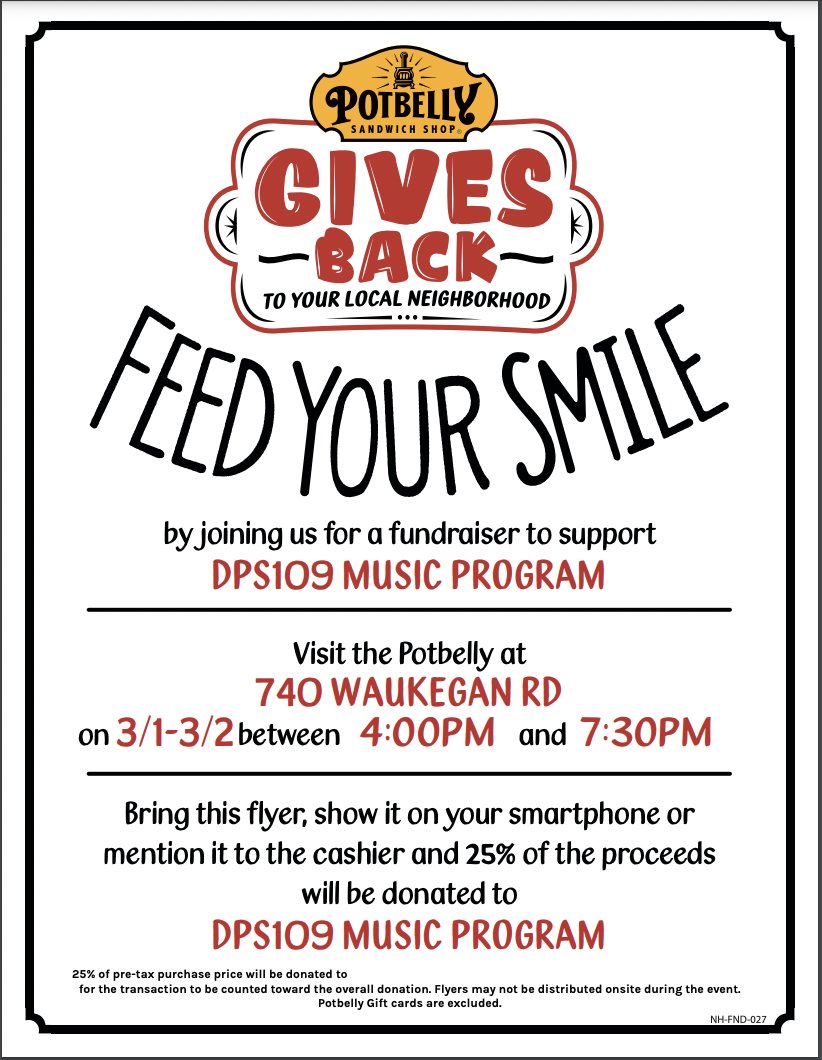 Next week is our annual 109 Potbelly's Fundraiser! Join us on 3.1 &amp; 3.2 to hear beautiful music while enjoying a delicious snack! 🎻🎶🎷 We can't wait to see you there! #engage109 #bandorch109 <a href="/DPS109/">Deerfield Dist. 109</a> <a href="/109Caruso/">Caruso Middle School</a> <a href="/109Shepard/">@109Shepard</a> <a href="/109SouthPark/">South Park School</a> <a href="/KipElem/">Kipling Elementary</a> <a href="/109Walden/">Walden Elem School</a> #wilmot109 #dps109