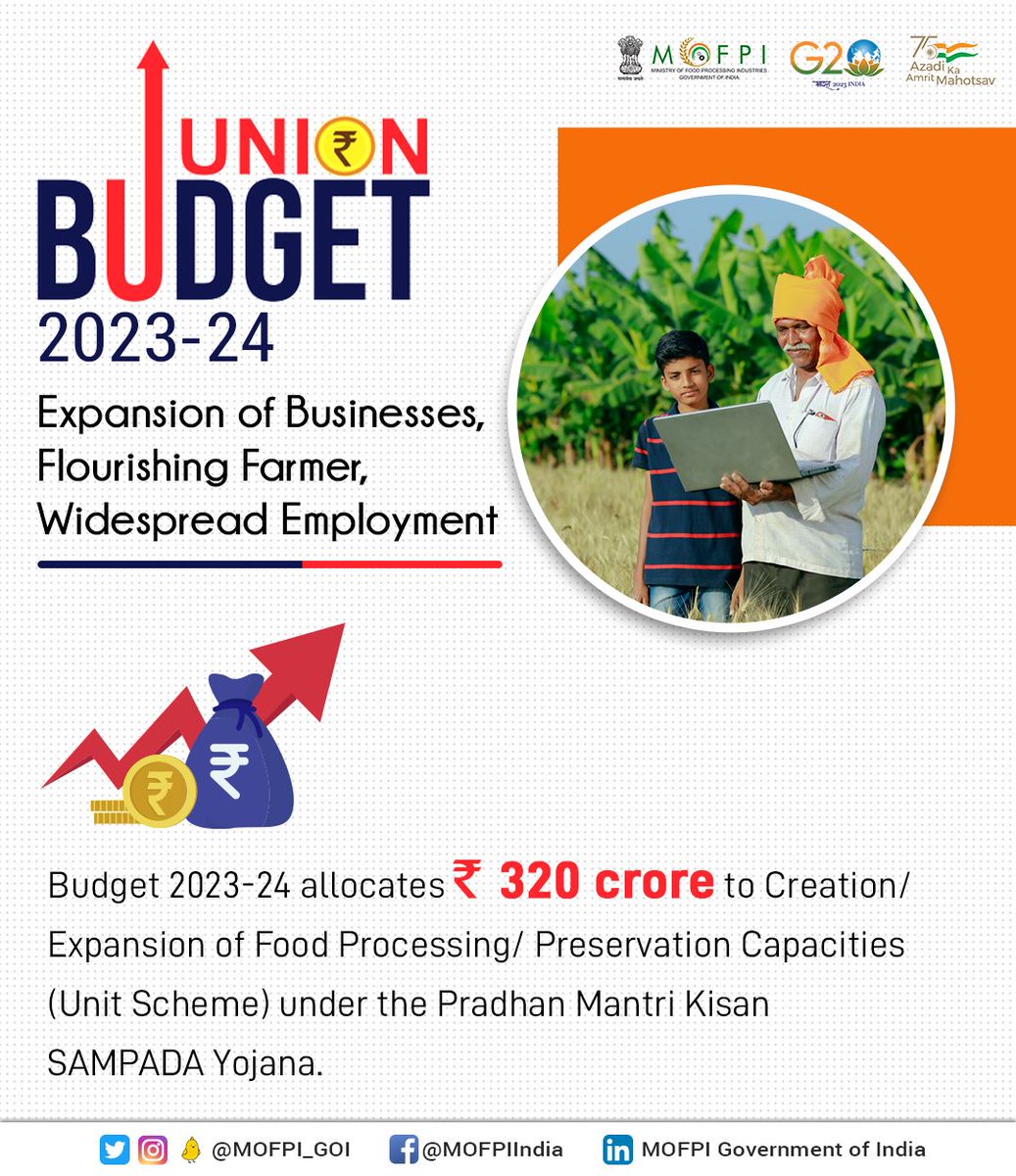 MOFPI_GOI's tweet photo. #Budget2023 allocates ₹320 crore to #CEFPPC Scheme (Unit scheme) of #PMKSY.

#AmritKaalBudget https://t.co/GuIMcgecSp
