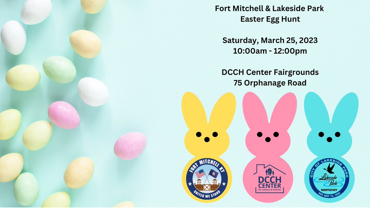 Fort Mitchell &amp; Lakeside Park Easter Egg Hunt
Saturday, March 25, 2023
10:00am - 12:00pm
<a href="/DCCHCenter/">DCCH Center</a> Fairgrounds
75 Orphanage Road, Fort Mitchell, KY 41017
For more information, call 859.331.1212