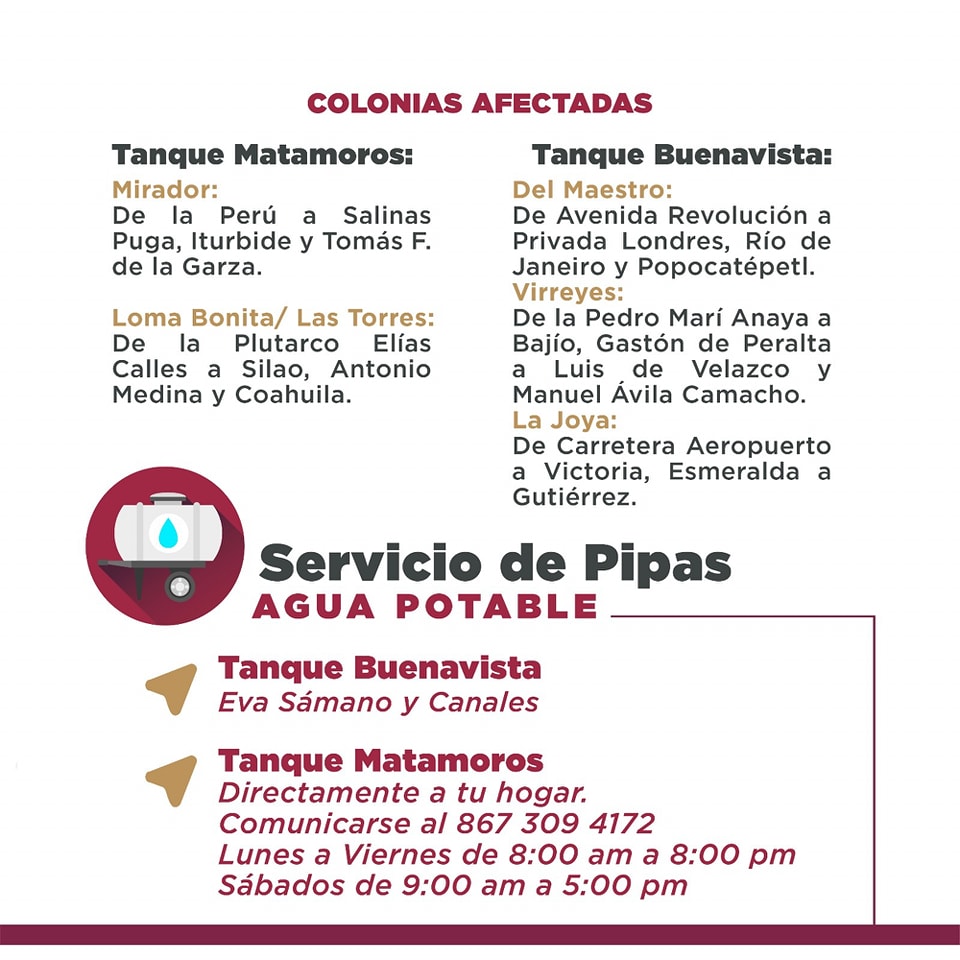 foojavx's tweet image. 👉 COMAPA Nuevo Laredo está trabajando en el mejoramiento del suministro de agua potable en segunda sección del Clarificador Norte, por lo que fue necesario bajar la presión del agua en Tanque Matamoros y Buenavista.
@Carmenliliacrv  #NuevoLaredo #Tamaulipas