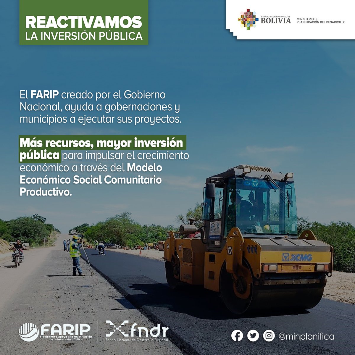 minplanifica's tweet photo. 1/2 #InversiónPública | Nuestro Gobierno, a través del @FNDR_Bolivia, entidad bajo tuición del Ministerio de Planificación del Desarrollo, invita a los municipios a desarrollar sus proyectos mediante el Fideicomiso de Apoyo a la Reactivación de la Inversión Pública #FARIP https://t.co/xKqdcp9xE5