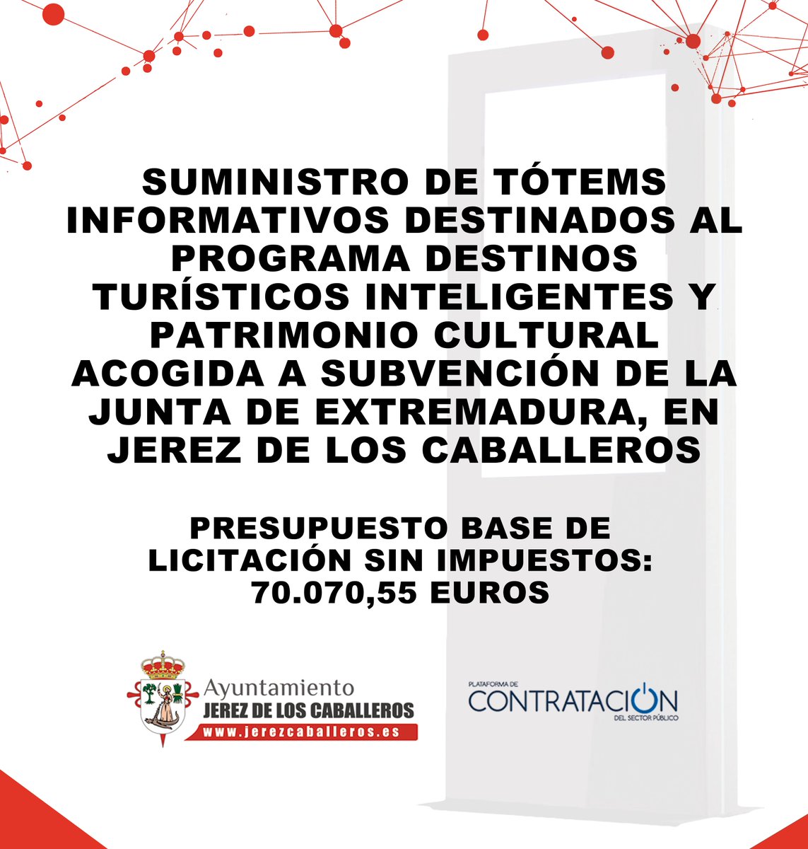 📢 SALE A LICITACIÓN PÚBLICA EL SUMINISTRO DE TÓTEMS INFORMATIVOS DESTINADOS AL PROGRAMA DESTINOS TURÍSTICOS INTELIGENTES Y PATRIMONIO CULTURAL ACOGIDA A SUBVENCIÓN DE LA JUNTA DE EXTREMADURA, EN JEREZ DE LOS CABALLEROS 

📌 Más información en: contrataciondelestado.es/wps/portal/!ut…