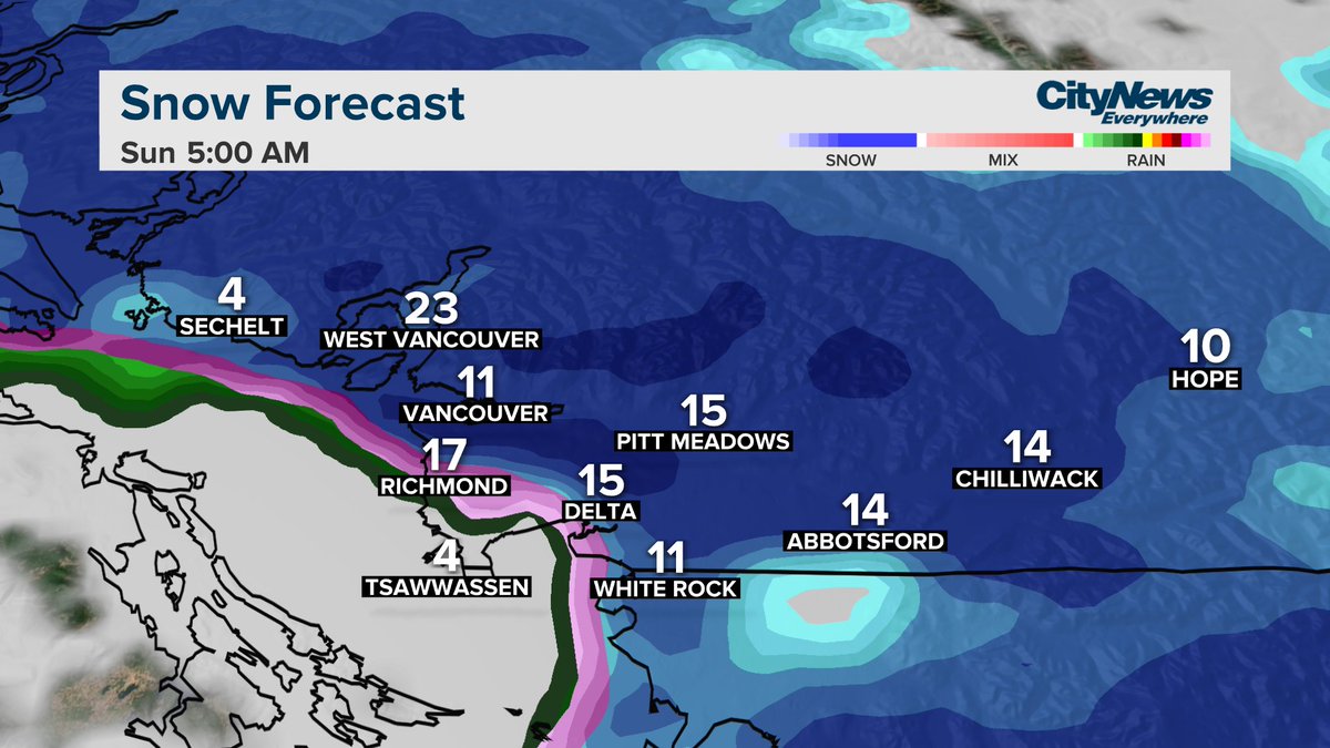 Kusswx's tweet image. Heaviest snow will fall late afternoon Saturday into early Sunday morning. Looking more like widespread 10-20 cm snow event for the Lower Mainland. If will be record setting. #Snow #Cold @CityNewsVAN #BCStorm #winter