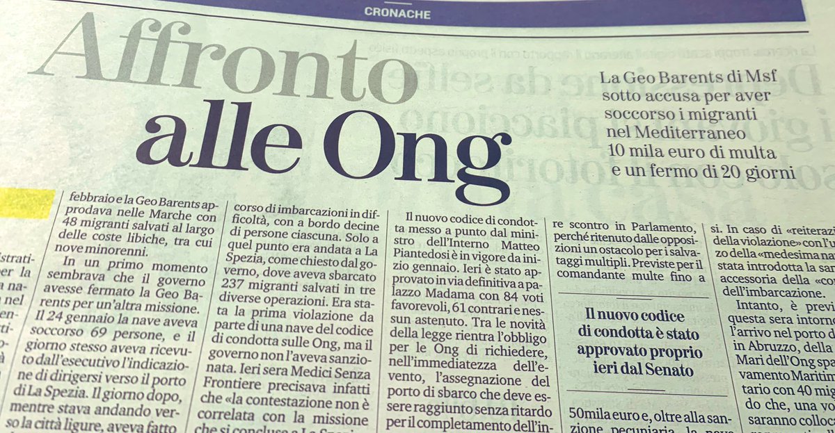 OGiannino's tweet photo. Il prefetto ministro “chi-annega-non-ci-riguarda” preso in parola: 20giorni di fermo a Geo Barents e multa per aver salvato troppe vite. Un orrore contro ogni diritto del mare, uno sputo alla parola stessa “umanità”. La spacciano per “difesa dei confini”, è solo orrida ferocia https://t.co/6d7VHsRcxu