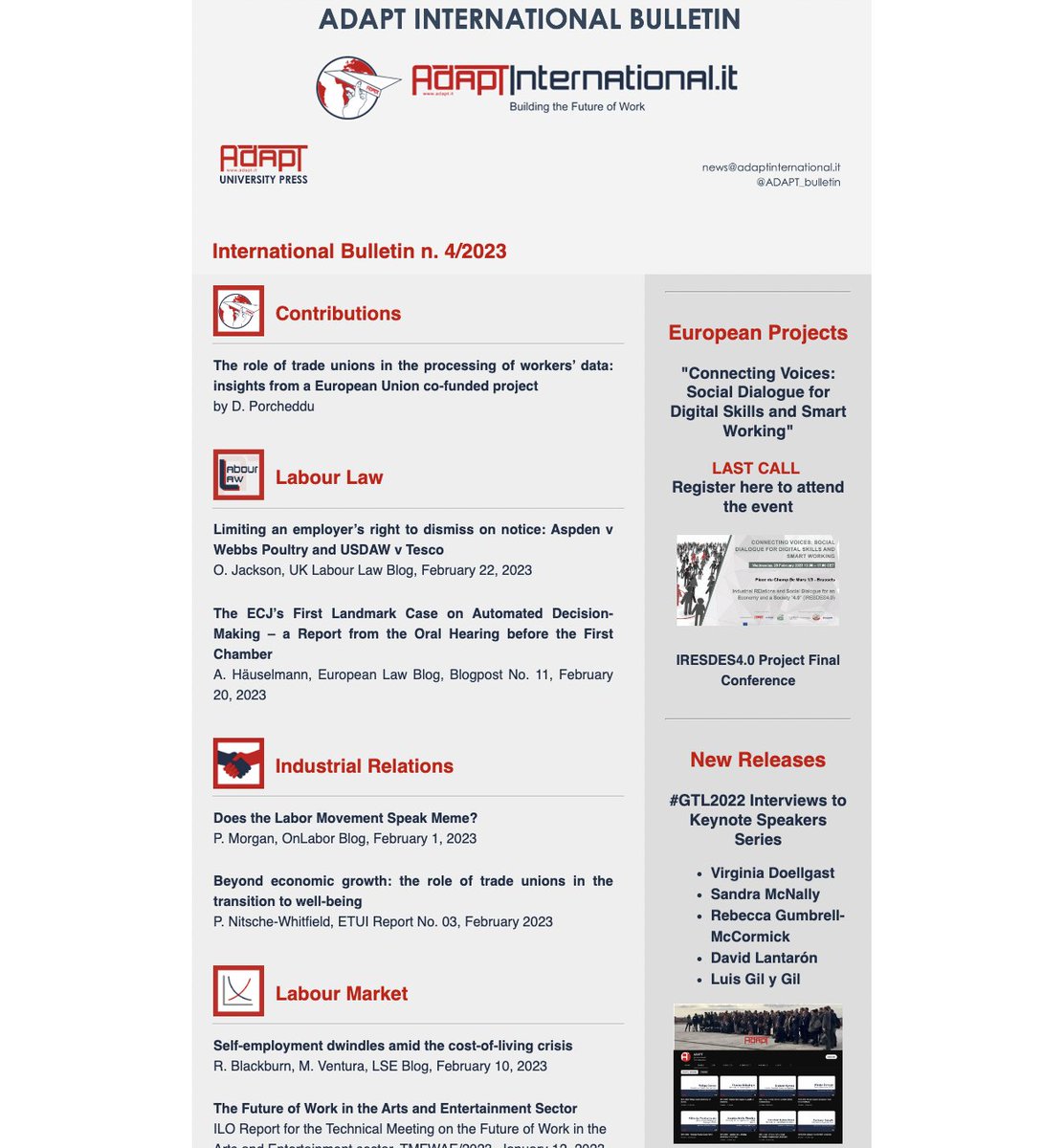 ADAPT_bulletin's tweet photo. 🆕#JustPublished #ADAPTInternational Bulletin 4/2023: https://t.co/qyXxARbQJ6
🔎In this issue: #dataprocessing #privacy #IndustrialRelations #wellbeing #FutureofWork #VET #Coworking #RemoteWork #InWorkPoverty #IntergenerationalMobility
✍️Subscribe here: https://t.co/6ubgQkuKY1 https://t.co/PpiYgYEULq