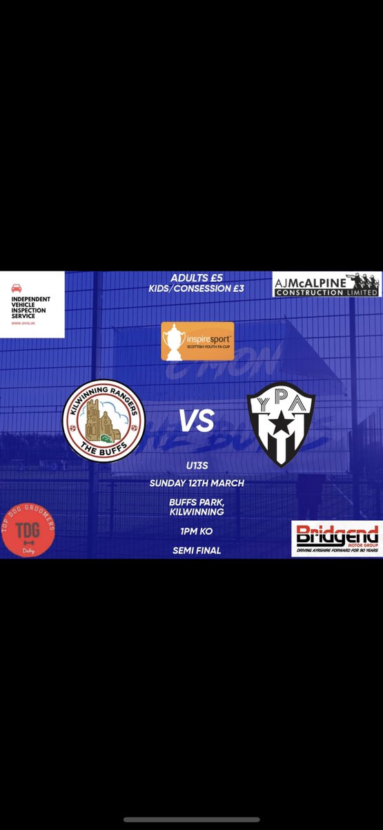 2 weeks to go until Kilwinning Rangers U13's play in the Semi Final of the Scottish Youth FA Cup, where 
<a href="/Kilwinning_Acad/">Kilwinning Academy</a> and <a href="/StMattPE/">St Matthew's PE</a> pupils play.

Great turnout for the QF at, so get down and support our local youth football!

<a href="/steadythebuffs/">Kilwinning Rangers</a> <a href="/KilwinningSC/">KilwinningSportsClub</a>
 
#NAActive