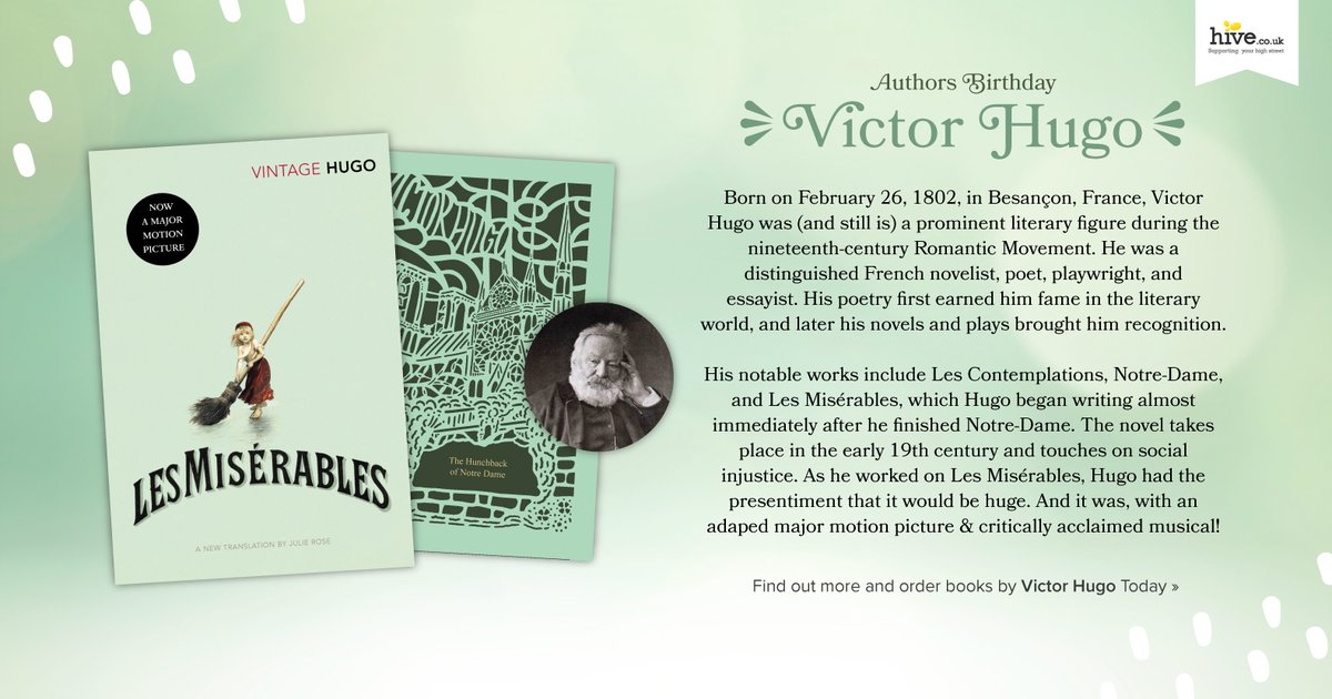 hivestores's tweet photo. Born 221 years ago Victor Hugo remains one of the worlds prominent literary figures!
Have you read any of Victor Hugo's work?
Discover the full collection of his work: https://t.co/viCpGqv1SB%
20Hugo
#hivestore #hivestores #hive #hivebooks #hivebook #books #LesMiserables https://t.co/AbrlNtVVm4