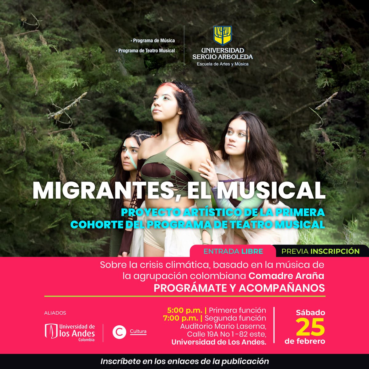 ¡Este sábado 25 de febrero estreno de Migrantes, el musical!
Asiste a las funciones que se realizarán a las 5 y 7 p.m., en el Auditorio Mario Laserna de <a href="/Uniandes/">Uniandes</a>

Entrada libre, inscríbete:
· Primera función: bit.ly/3YRVbuS
· Segunda función: bit.ly/41itoW1