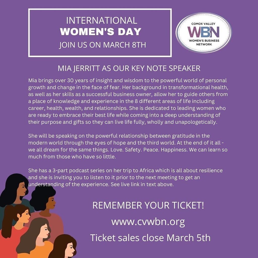 Posted <a href="/withregram/">Repost app</a> • @comoxvalleywbn March 8th is International women's day and to celebrate this we are having Mia Jerritt as our speaker. The picture is from her recent trip to Africa which she will speak about.
Mia's podcast link: … instagr.am/p/CpDNHgZLUqS/