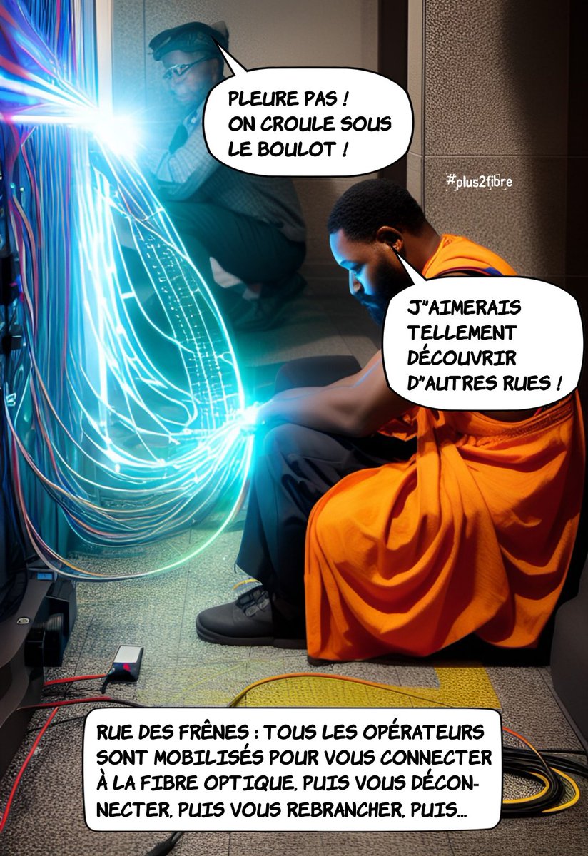 plus2fibre's tweet photo. 24/02/23 : tandis que je profite tranquillement des bienfaits de la fibre, hésitant entre les nouvelles vidéos des Pellissard et une redif de TPMP, mes voisins se débattent avec leur connexion. Ballet ininterrompu de techniciens dans la rue ! #FAI #altitude_infra #ruralité #arcep https://t.co/Mn6o3o3JAu
