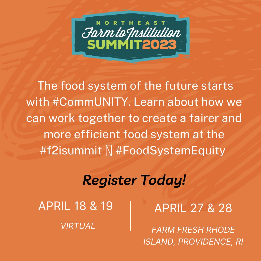 Farm2Inst's tweet image. 🔥 The #f2isummit is back! We're making it accessible to all w/ tiered ticketing &amp;amp; hybrid format. Get ready to network &amp;amp; gain insights from renowned speakers. Don't miss this chance - register now at f2isummit.org! 💻🌎 #innovation #networking @FarmFreshRI