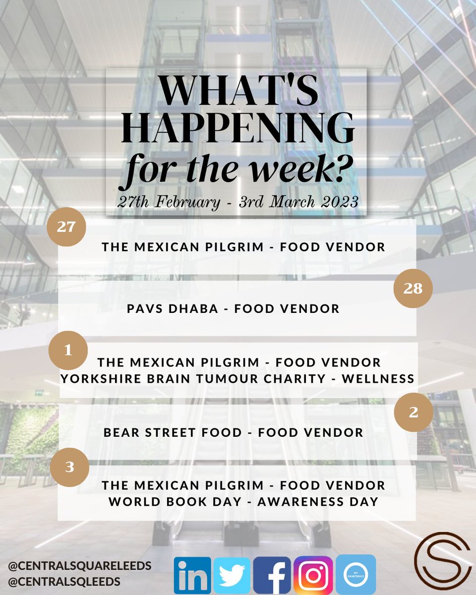 CentralSqLeeds's tweet photo. What's happening for the week at Central Square?
Feel free to pop by and join in on the fun! 😊
#engagement #activities #cbre #MandGRealEstate #CreatingCommunities #centralsquareleeds https://t.co/4rHIqU9Ga1