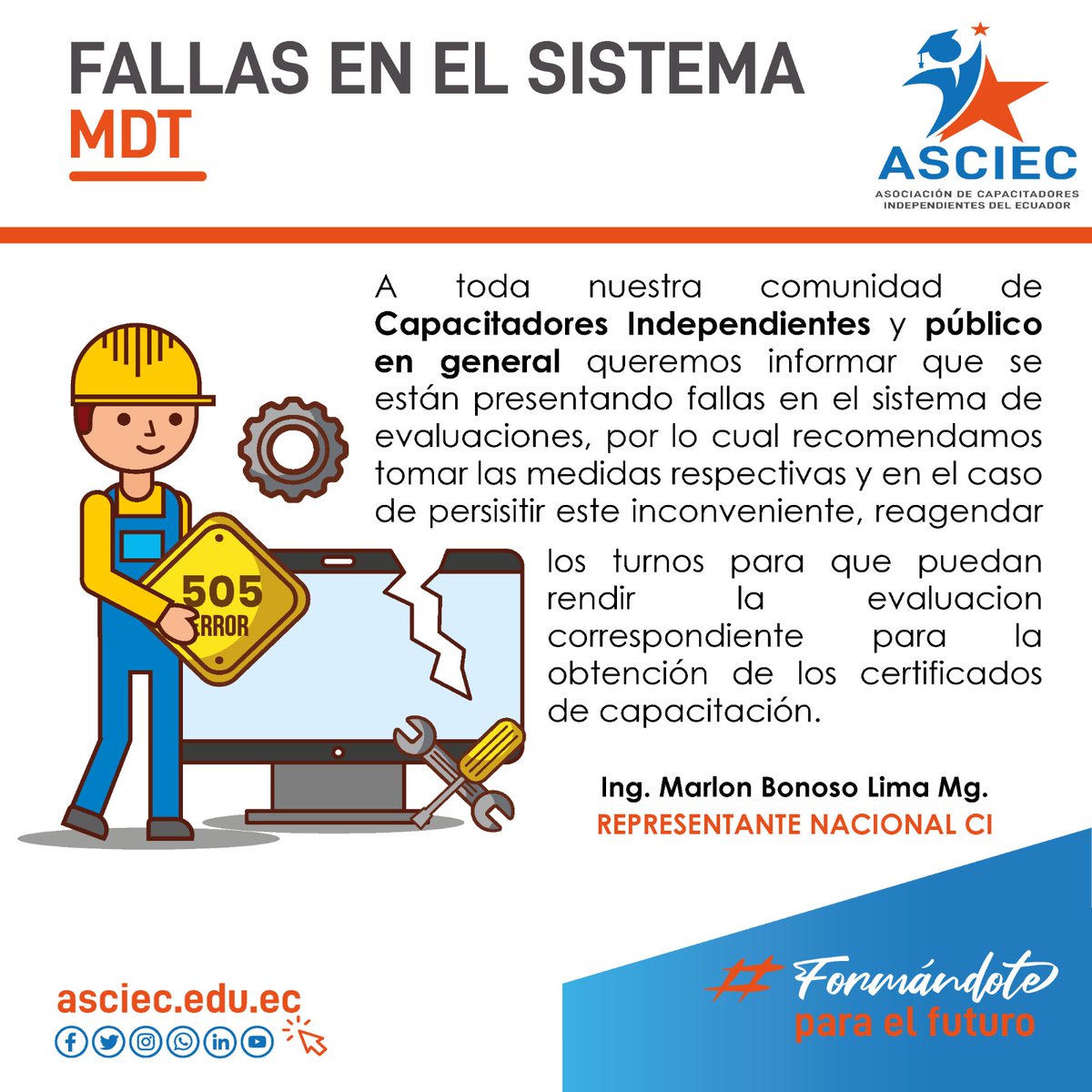 ASCIEC's tweet image. Hacemos un llamado al @MinTrabajoEc a que se arreglen las plataformas con los que trabajan los Capacitadores Inpendientes, estamos perdiendo fidelidad y confianza de nuestros clientes por los problemas que existen desde diciembre en las mismas. No podemos continuar así!
#URGENTE