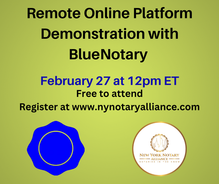 MarcyTiberio's tweet image. 4th in our remote online platform demonstration is BlueNotary! Open to all notaries everywhere.

Register here: us02web.zoom.us/webinar/regist…

#remotenotarization #notarypublic #notariesintheknow