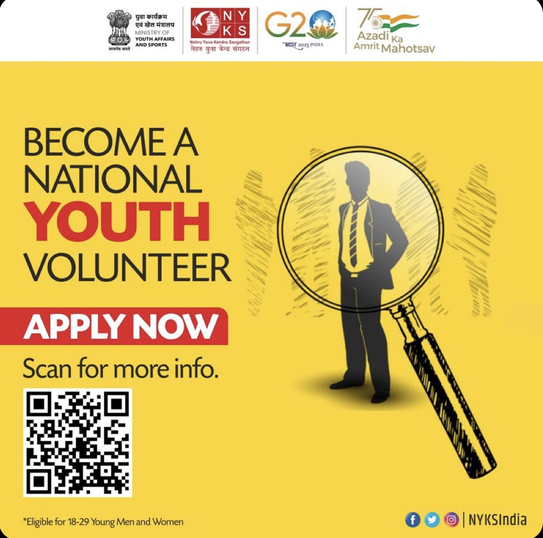 Become a National Youth Volunteer.
Eligible for 18-29 Young Men and Women. 
For more information connect with NYK North Delhi district office, Alipur
or Scan the QR code.
Visit: nyks.nic.in

#NYV #youthvolunteer #NyksIndia #youth #India #registrationopen
