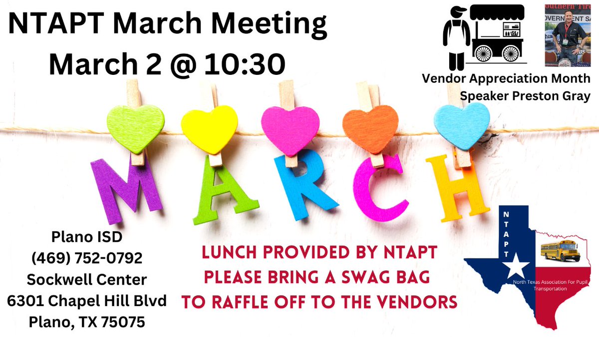 TexasSchoolBus's tweet photo. TGIF
Can't wait to see everyone at our next meeting in Plano! Vendor Appreciation! Come give some LOVE! https://t.co/YYAZzq7R5u