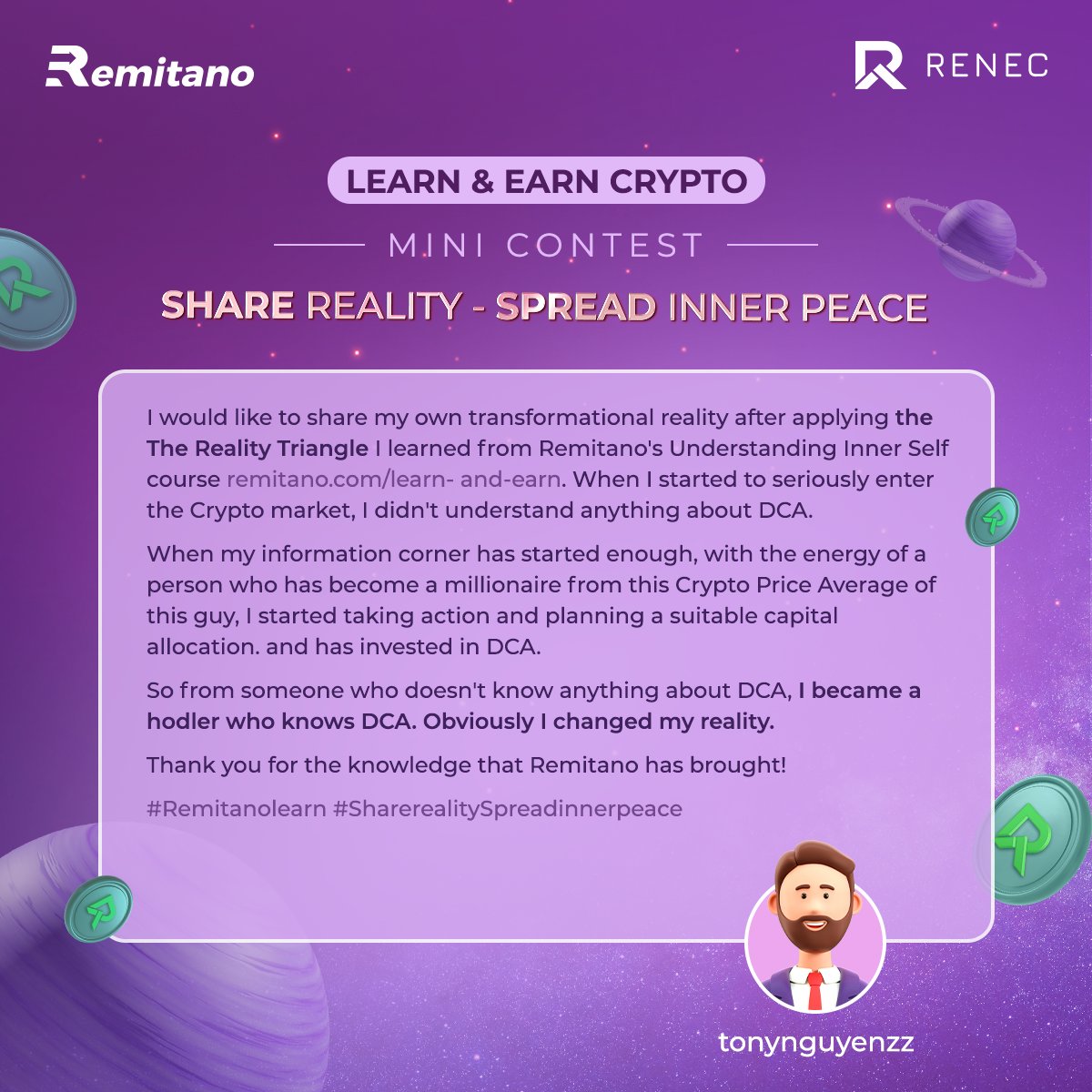 remitano's tweet photo. [Sharing corner] TRANSFORMATIVE STORIES OF #REMITANO USERS

We deeply appreciate and are grateful for your meaningful stories.

Join the #MiniContest #ShareRealitySpreadInnerpeace to get a chance to win a total prize of 200 #RENEC.

Details
👇👇👇
https://t.co/67Ul7bpplJ https://t.co/9y584r6lrt