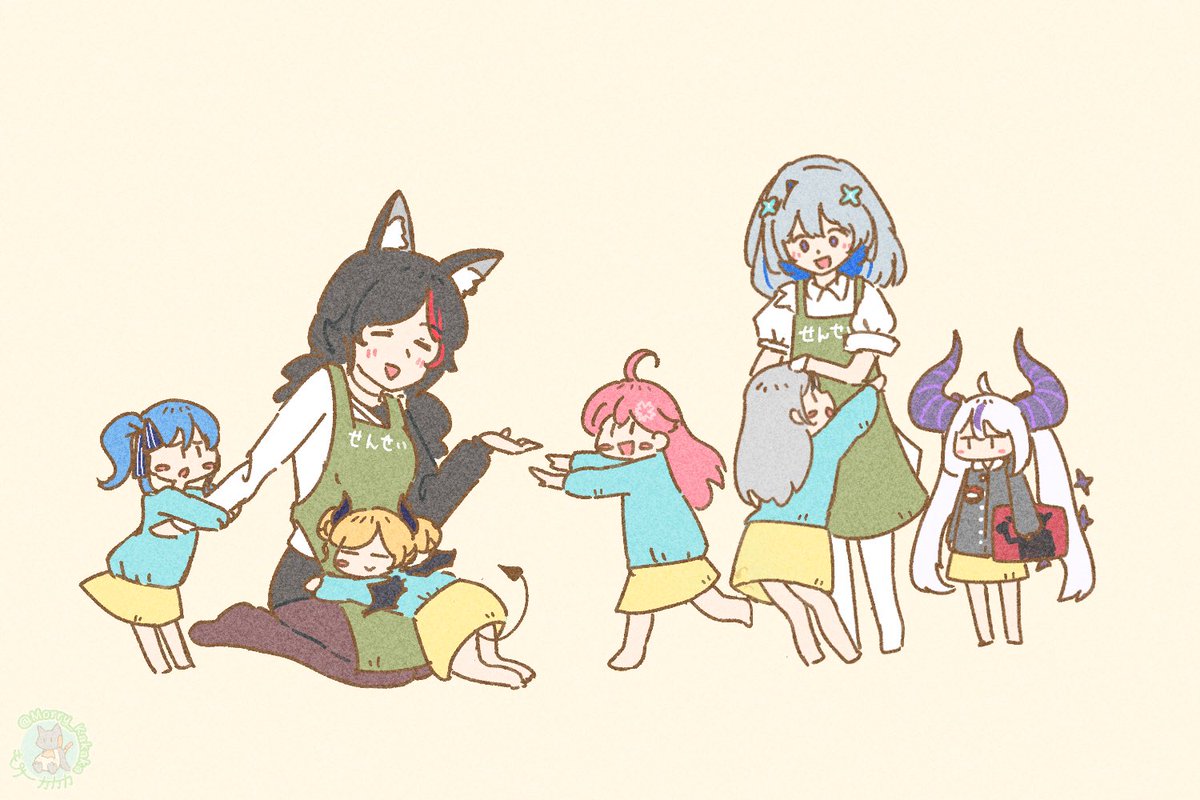 hoshimachi suisei ,ookami mio ,sakura miko multiple girls 6+girls horns blue hair apron aged down wolf ears  illustration images