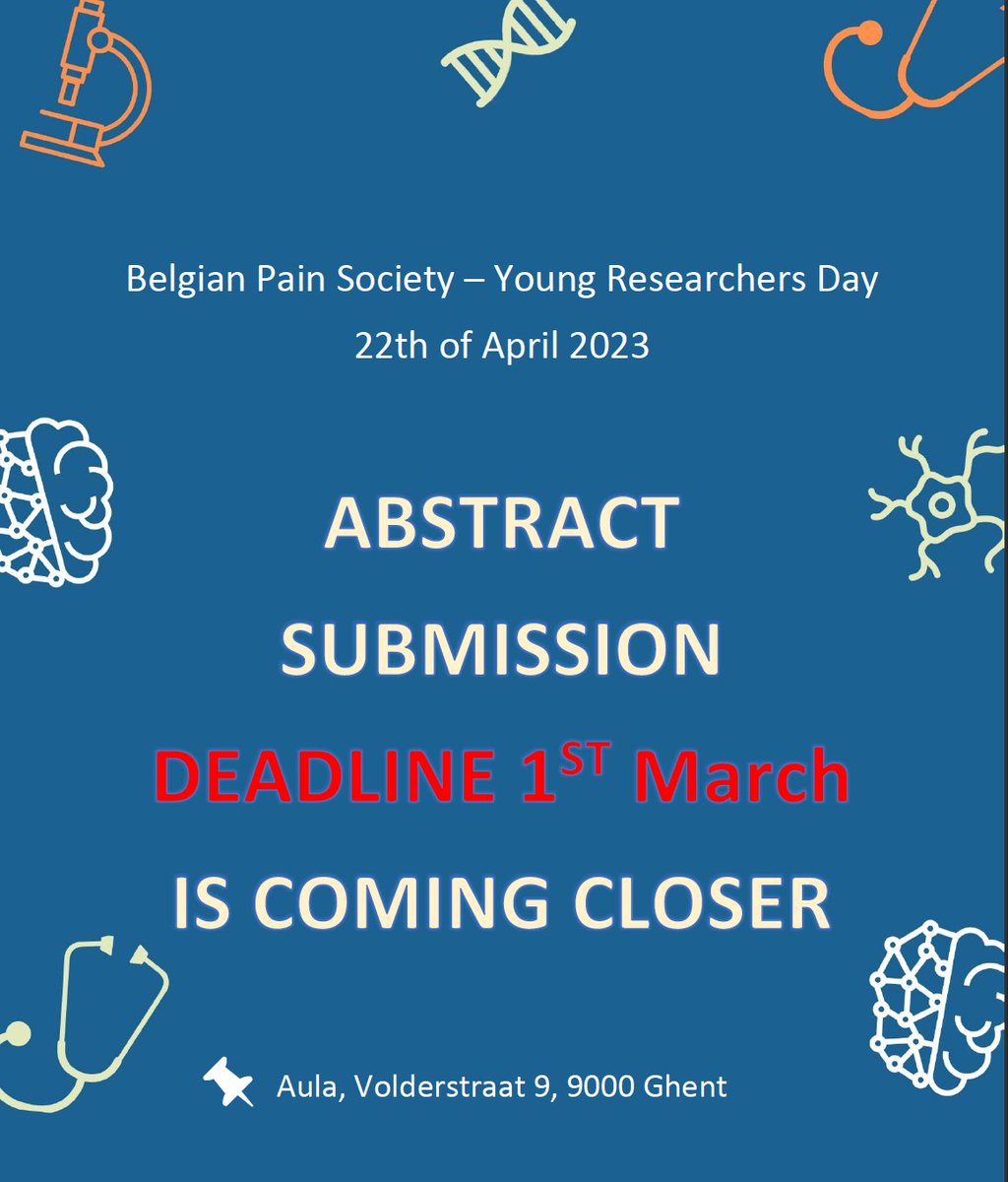 Submit your Abstract! 
You have time until the 1st of March! 

Don't miss out on the opportunity to meet new colleagues and share your work! 
What are you waiting for? 
➡️belgianpainsociety.org/bps-yrd-abstra…

<a href="/PaininMotion/">Pain in Motion</a> <a href="/health_psycho/">Ghent Health Psychology Lab</a> <a href="/OGPLeuven/">KUL Health Psych</a> <a href="/NocionsLab/">NocionsLab</a> <a href="/BPS_IASP/">Belgian Pain Society</a>