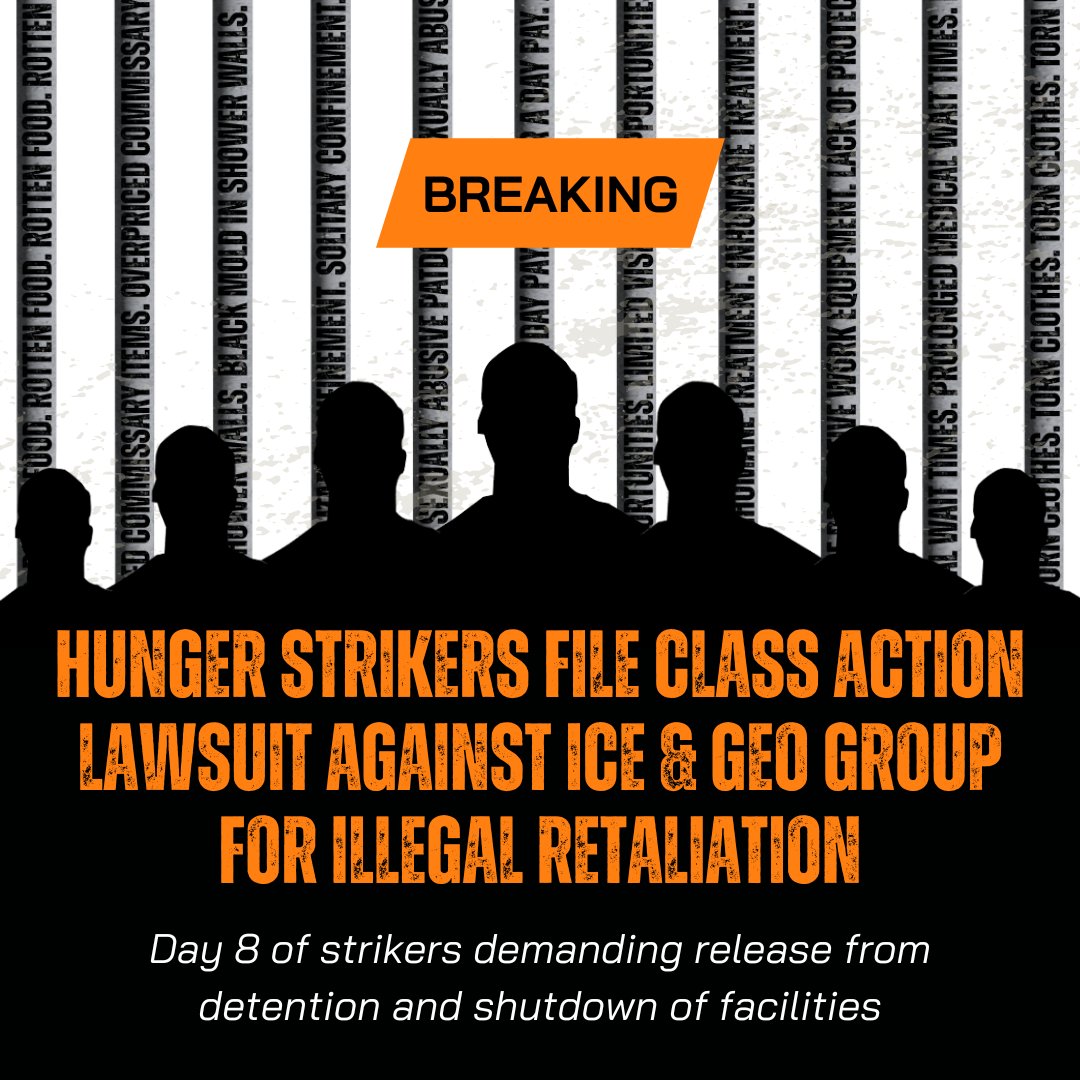 AsianLawCaucus's tweet photo. BREAKING: Hunger strikers in Central Valley immigration detention have filed a class action lawsuit against ICE &amp; GEO Group for illegal retaliation. Strikers are protesting unpaid labor &amp; inhumane conditions and demanding their release and shutdown of facilities. https://t.co/qyawLTKRHl
