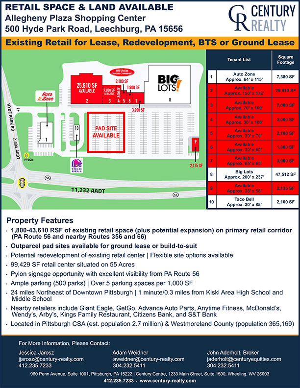 Century_Realty's tweet photo. New Pad Sites Available - #AlleghenyPlaza, #Leechburg, PA - #Retail For #Lease. For more details, contact Jessica Jarosz, Adam Weidner, or John Aderholt from @Century_Realty at 412-235-7233. #cre #redevelopment #buildtosuit #groundlease #WestmorelandCounty #CenturyRealty #CORFAC https://t.co/1IyTgCsk4N