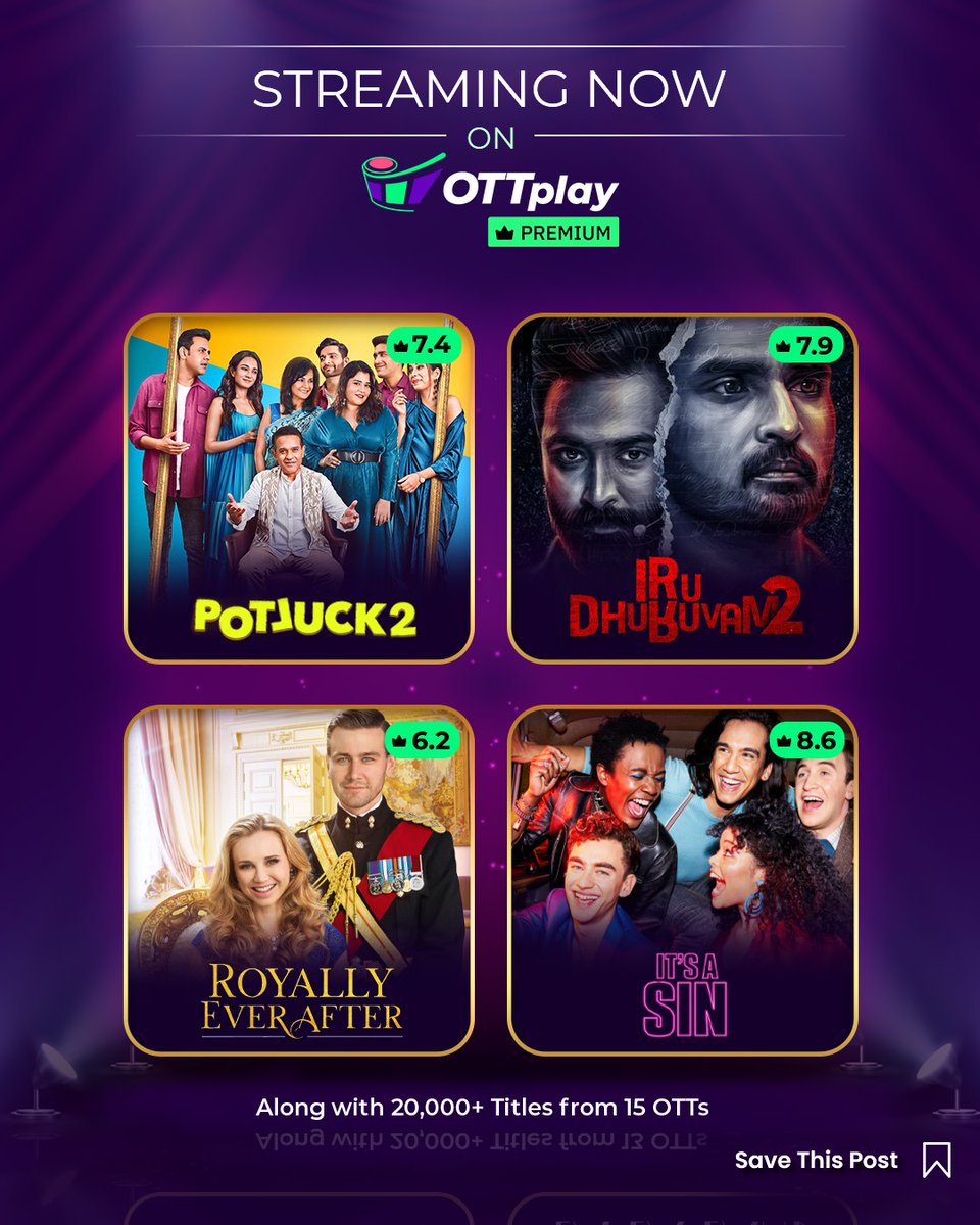 ottplayapp's tweet image. Sending you some perfect picks for your binge-watching straight from OTTplay Premium!🫂

@SonyLIV @hallmarkmovie @lionsgateplayIN 

#PotluckS2 #IruDhuruvamS2 #RoyallyEverAfter #ItsSin #Bollywood #Kollywood #Webseries #IndianWebseries #MazeyKaroMultiply #OTTplayPremium #OTTplay