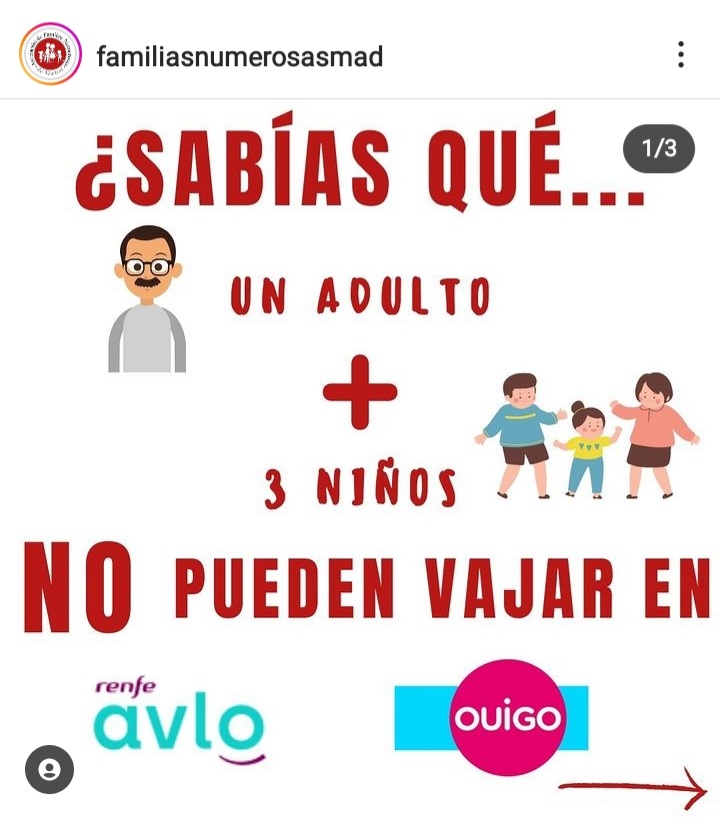 AFANMADRID's tweet photo. Debe ser súper peligroso viajar en trenes de alta velocidad con billete low cost porque en @OUIGO_Es y en @Avlorenfe NO dejan viajar a familias numerosas.
1 adulto con 2 menores o 1 adulto con 1 menor. 🚄
FIRMA y difunde: https://t.co/8NqRmyDRRV https://t.co/1QncQzb7xb