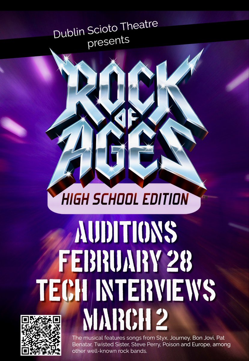 DSHSTheatre's tweet photo. DSHS Rock of Ages cast auditions: Tues, Feb 28, Tech interviews: Thurs, March 2, Signup sheets in the theater hallway near the theatre classroom. Scan QR code for more information. Show dates: May 5-7, 2023      #rockofages #rockofagesonstage #rockofageshighschooledition https://t.co/2TA7cM2e28