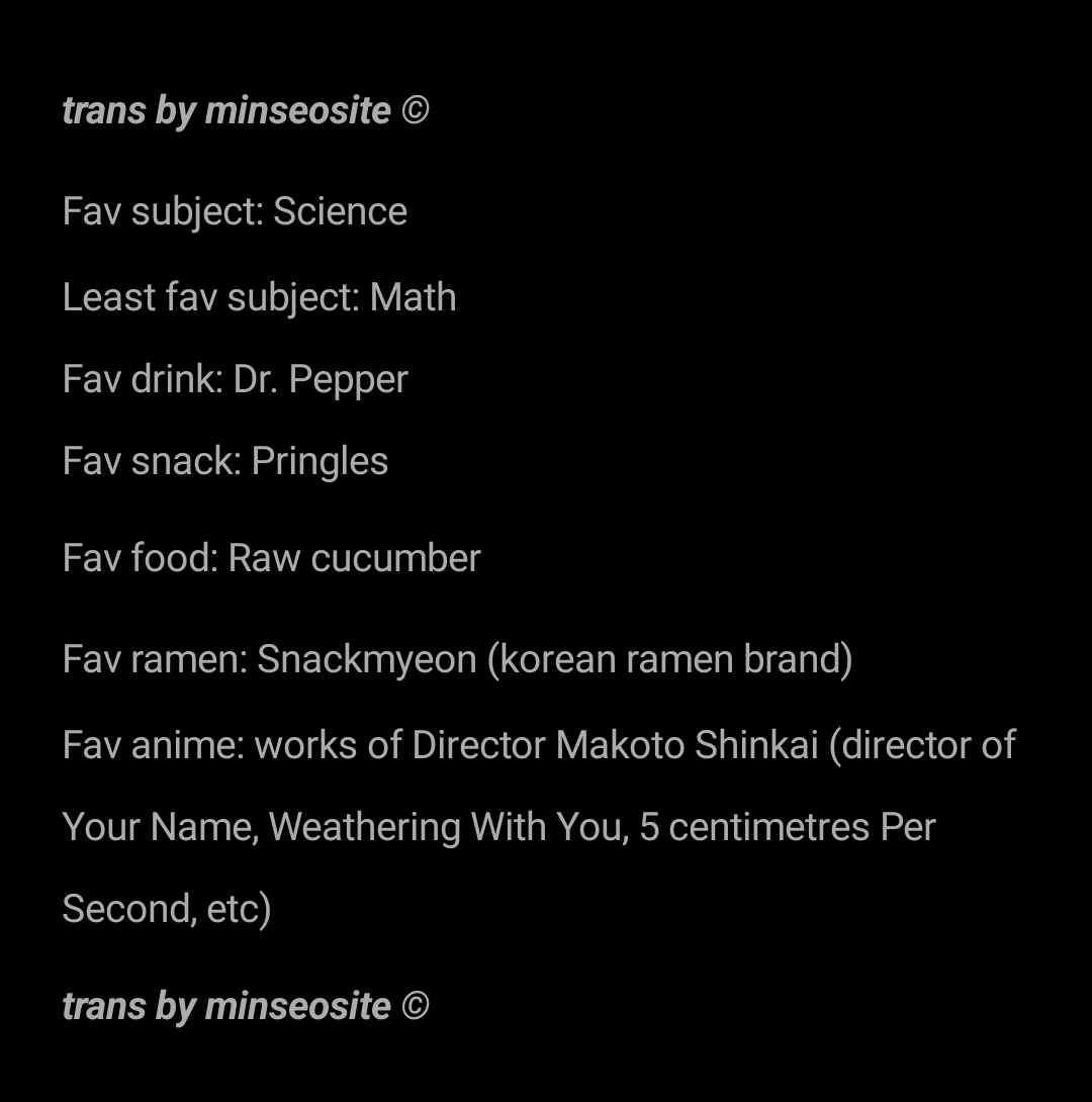 minseosite's tweet photo. translation of #JANGMINSEO's profile (facts)
he seems to like romance animes a lot🤍

#장민서 #BOYSPLANET #보이즈플래닛 #울림즈 #WOOLLIMBOYS https://t.co/taGM8qbW7i