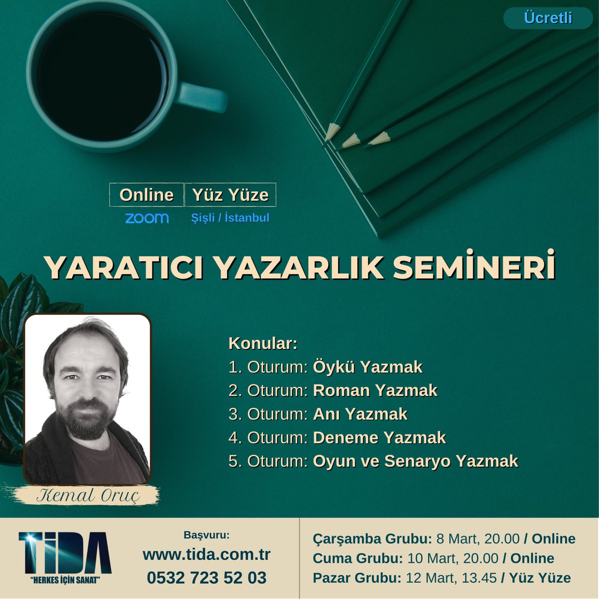 edebiyategitimi's tweet photo. ✏️ Yaratıcı Yazarlık Semineri
⏳ 5 Hafta / 5 Oturum / 10 Saat
🗓 8 Mart Çarşamba, 20.00
💻 Online / Zoom
🗓 10 Mart Cuma, 20.00
💻 Online / Zoom
🗓 12 Mart Pazar, 13.45
👨‍🦰 Yüz Yüze / Şişli
➡️ Detay: https://t.co/GTPFnmjfu1 https://t.co/4DEfNjJ9Qu