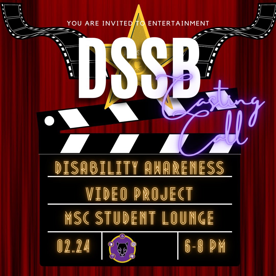 Disability Service &amp; The Panther PhDs are having a casting call to all students interested in being apart of commercial! Meet us in the MSC student lounge @ 6:00 pm 🎥🎞️