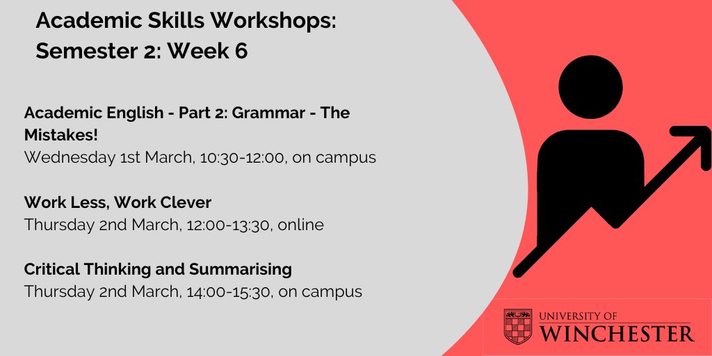 Week 6 sees some great workshops as well as our Boost programme aimed at supporting final year students.  For more information and to book a place, please go to the Student Academic Support intranet page 'Workshops and Resources'. We hope to see you in a workshop soon!