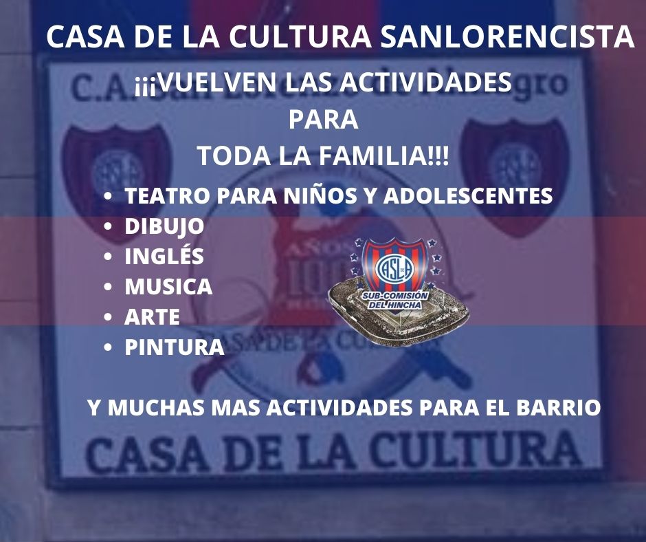 ¡¡¡VUELVE LA CASA DE LA CULTURA SANLORENCISTA!!!

A partir del mes de Marzo comienza el ciclo 2023 de La Casa de La Cultura Sanlorencista con actividades para toda la familia en el corazón del barrio de Boedo 

Contactanos en nuestras redes para saber más sobre las actividades