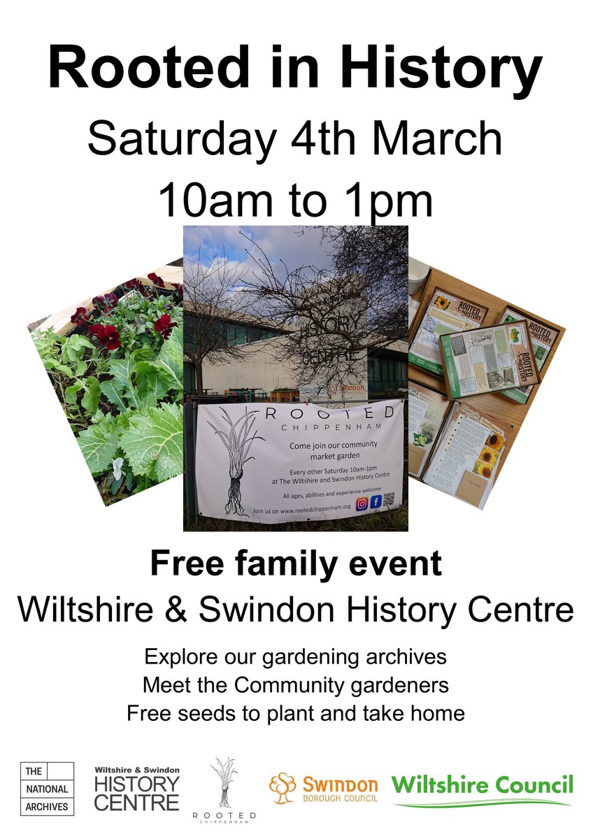 Join us at the History Centre 4th March for our #RootedInHistory open house event. Explore the history of gardening in our archives & local studies collections, meet the community gardeners of Rooted Chippenham and #makeandtake your own pot and free seeds. 
#ExploreYourArchive