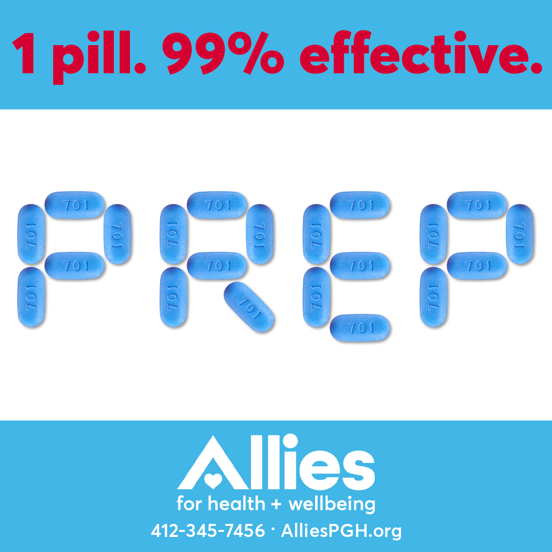 PrEP reduces HIV transmission by 99%. If you have an active sexual life and test negative for HIV, you're eligible for PrEP. As simple as that. To get yourself on PrEP, make an appointment with us by visiting AlliesPGH.org today or call 412-345-7456!