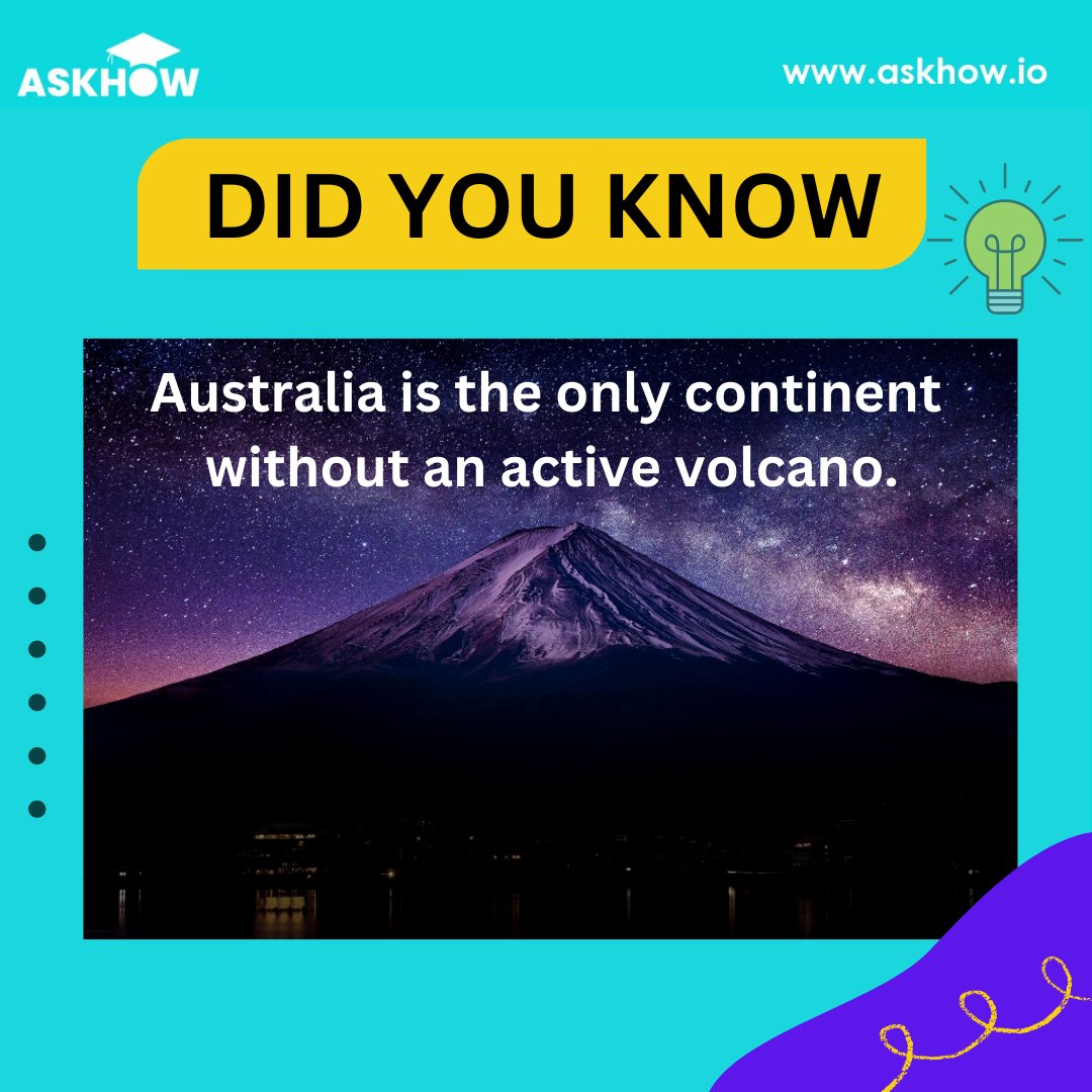 #Didyouknow that, #Australia is the only #continent without an active #volcano??

#fridayvibes #DidYouKnow #Australia  #education #funfacts #facts #MindBlowing #FunFacts #Interesting #AskHow