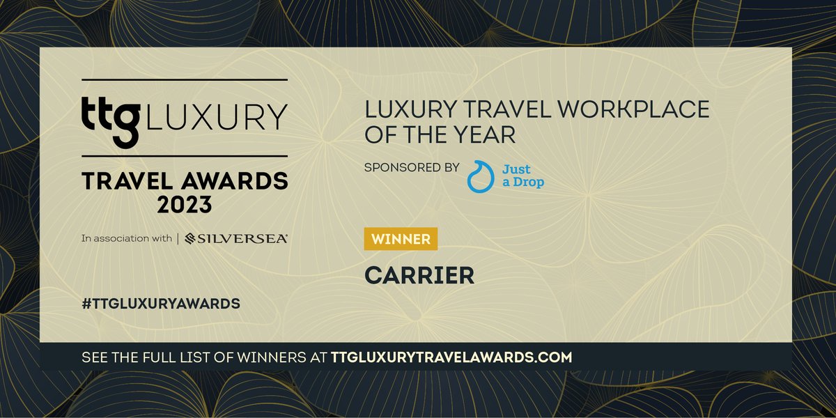 TTGMedia's tweet image. Our final supplier award is a NEW one - Luxury Travel Workplace of the Year, presented by @Just_a_Drop.
It’s @carrierholidays who take home this accolade! Back on stage and congratulations to the team! ✨🍾
#TTGLuxuryAwards