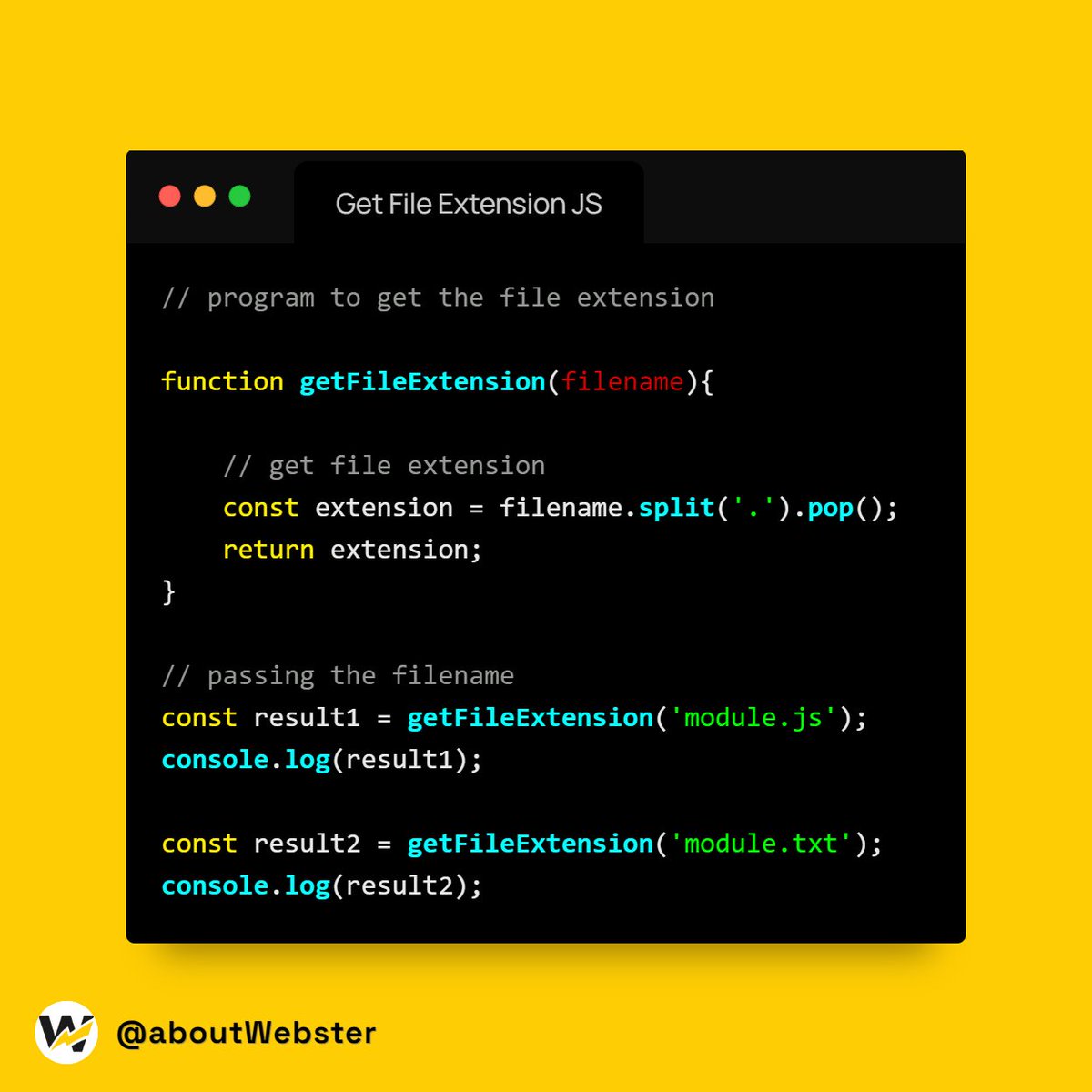 about_webster's tweet photo. Get File Extension in JS
#programming #coding #programmer #developer #python #technology #javascript #code #coder #html #webdeveloper #tech #css #webdevelopment #cssanimation #softwaredeveloper #programmers #webdesign #programminglife #php #computer #webster https://t.co/oI9ErUVR5D